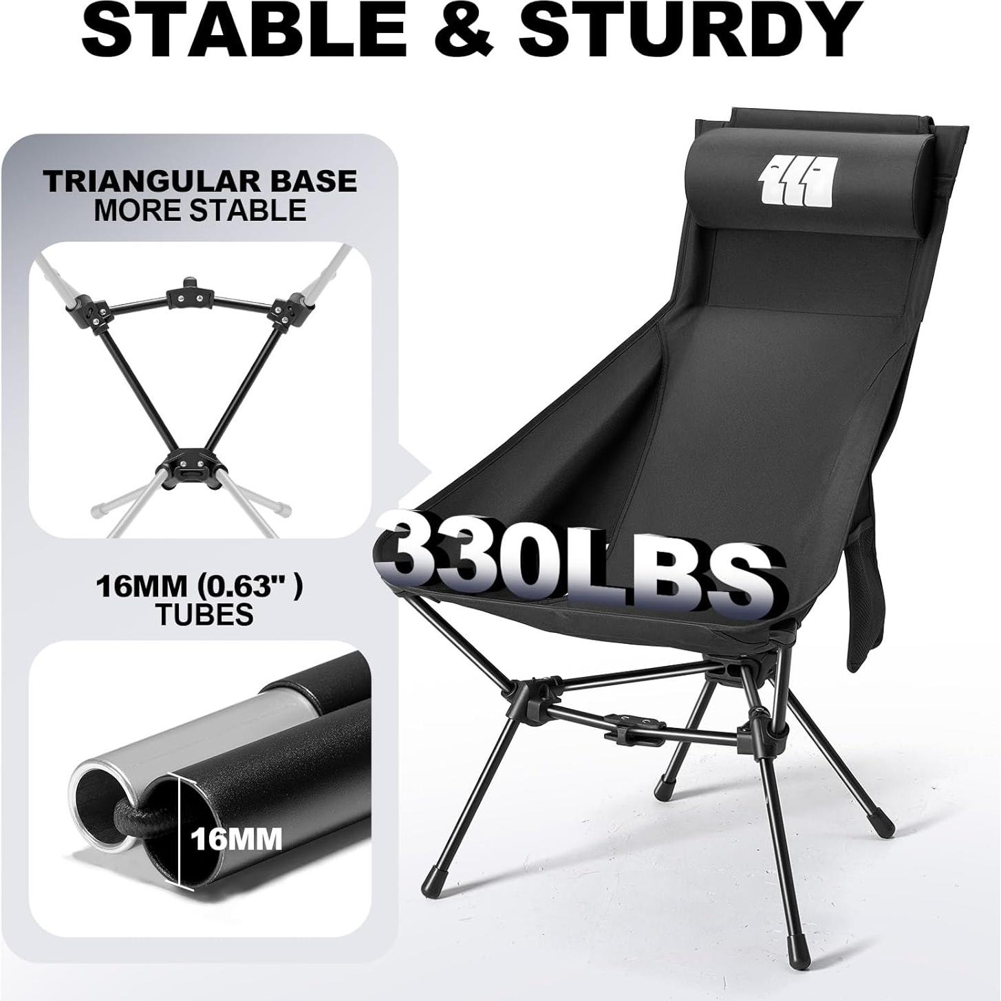 Camping Chair, High Back Folding Camping Chair with Removable Headrest and Carry Bag, Heavy Duty Compact Chair for Outdoor Camp, Travel, Beach, Picnic, Fishing, Suitable for Adults (Black)