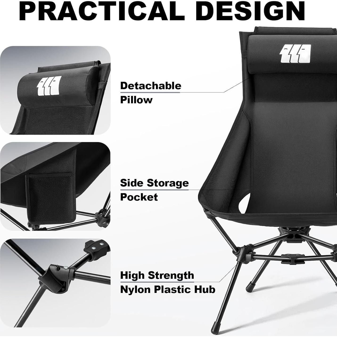 Camping Chair, High Back Folding Camping Chair with Removable Headrest and Carry Bag, Heavy Duty Compact Chair for Outdoor Camp, Travel, Beach, Picnic, Fishing, Suitable for Adults (Black)