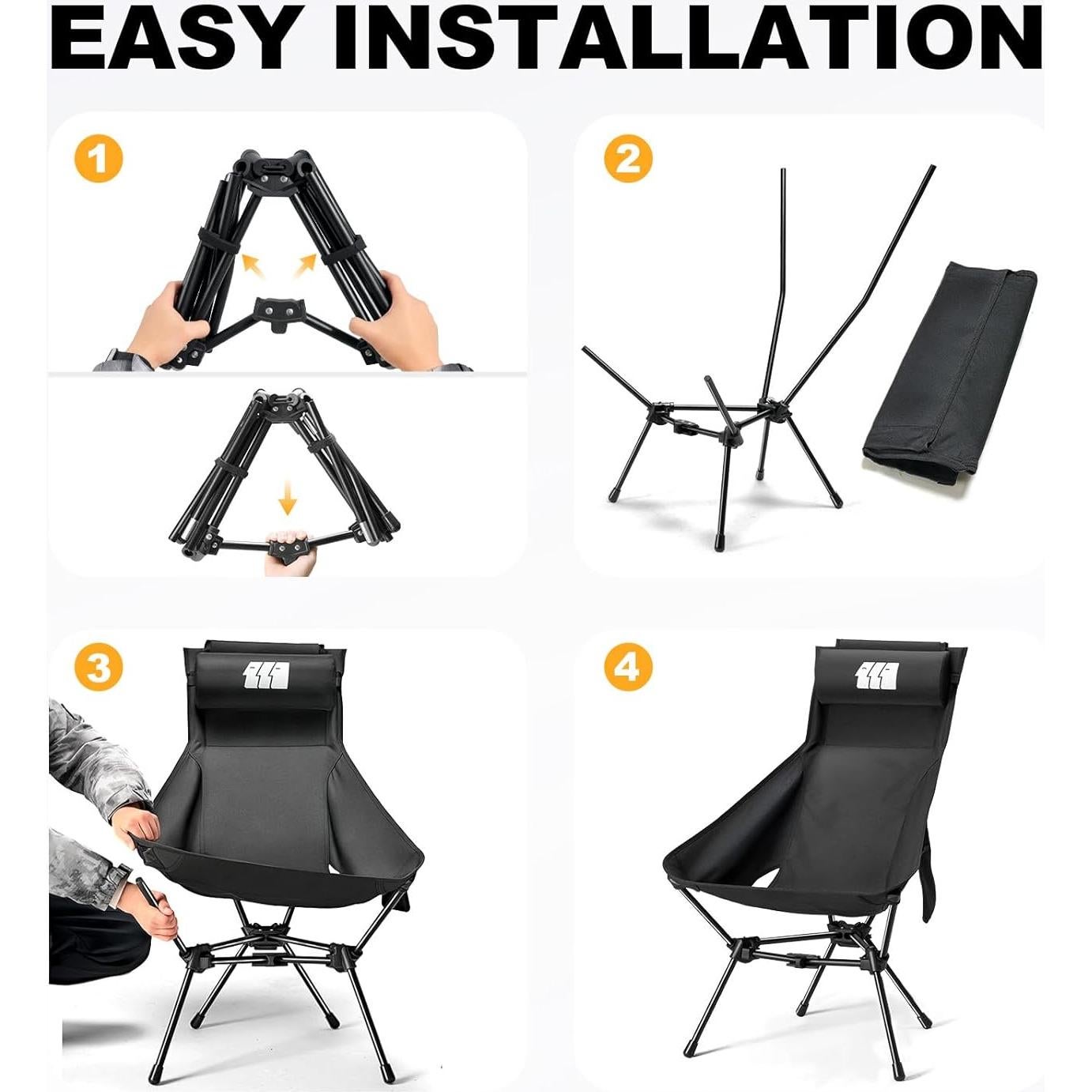 Camping Chair, High Back Folding Camping Chair with Removable Headrest and Carry Bag, Heavy Duty Compact Chair for Outdoor Camp, Travel, Beach, Picnic, Fishing, Suitable for Adults (Black)