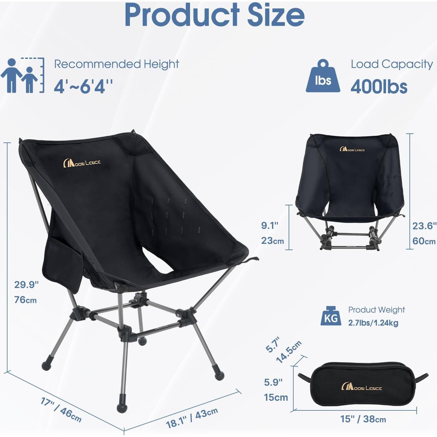 Silla de Camping Plegable MOON LENCE CH21P 400Lbs Negra