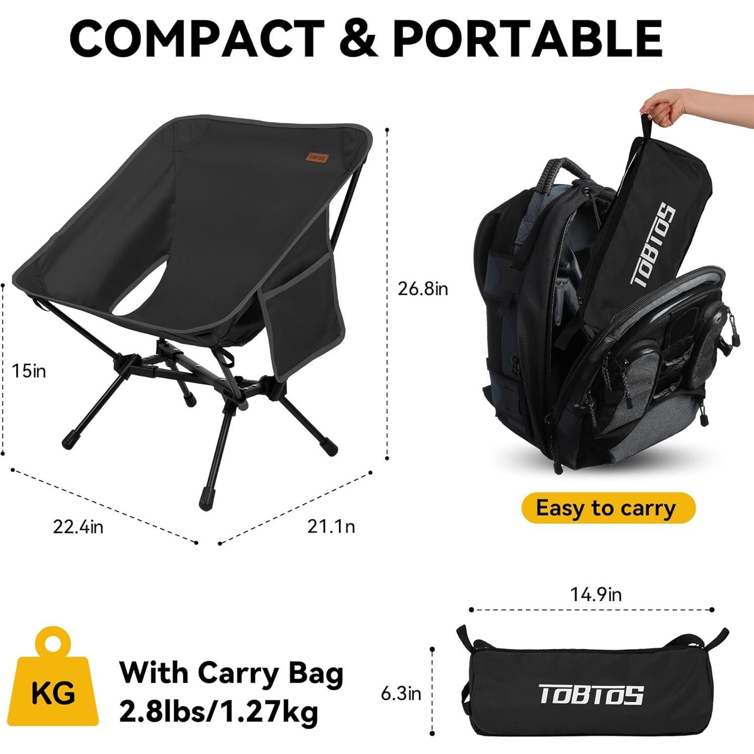 Silla de Camping Plegable TOBTOS Negra, Soporta 150 kg, 1.47 kg