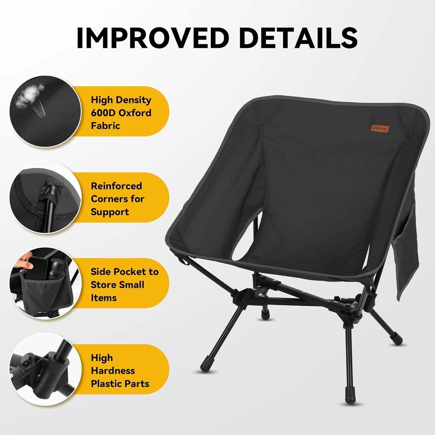 Silla de Camping Plegable TOBTOS Negra, Soporta 150 kg, 1.47 kg