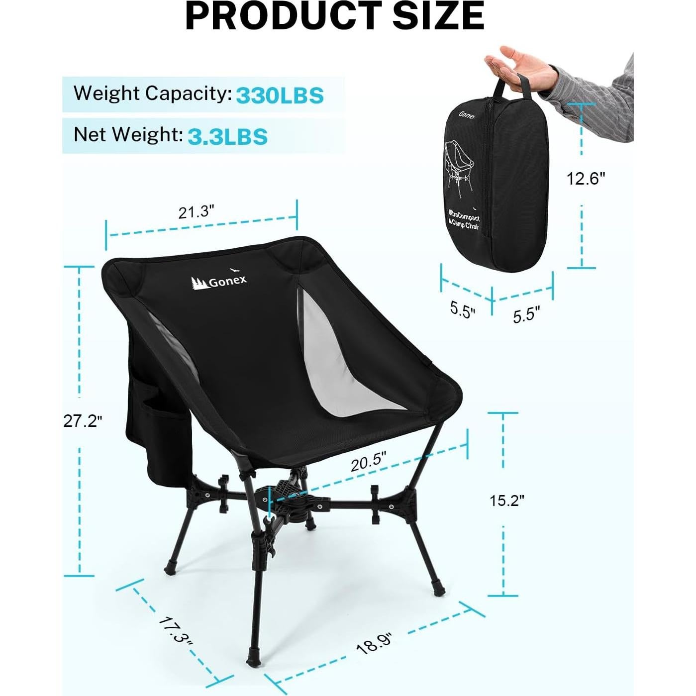 Gonex Portable Camping Chair, The 5th Gen Ultralight Compact Backpacking Foldable Lightweight Folding Chair for Outdoor Camp Hiking Beach Picnic Concert, Supports 330lbs (Black, 1 PCS)