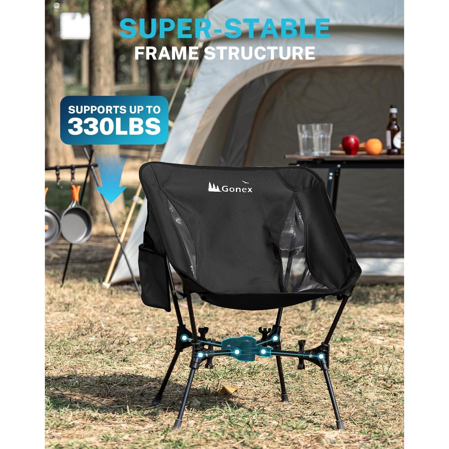 Gonex Portable Camping Chair, The 5th Gen Ultralight Compact Backpacking Foldable Lightweight Folding Chair for Outdoor Camp Hiking Beach Picnic Concert, Supports 330lbs (Black, 1 PCS)