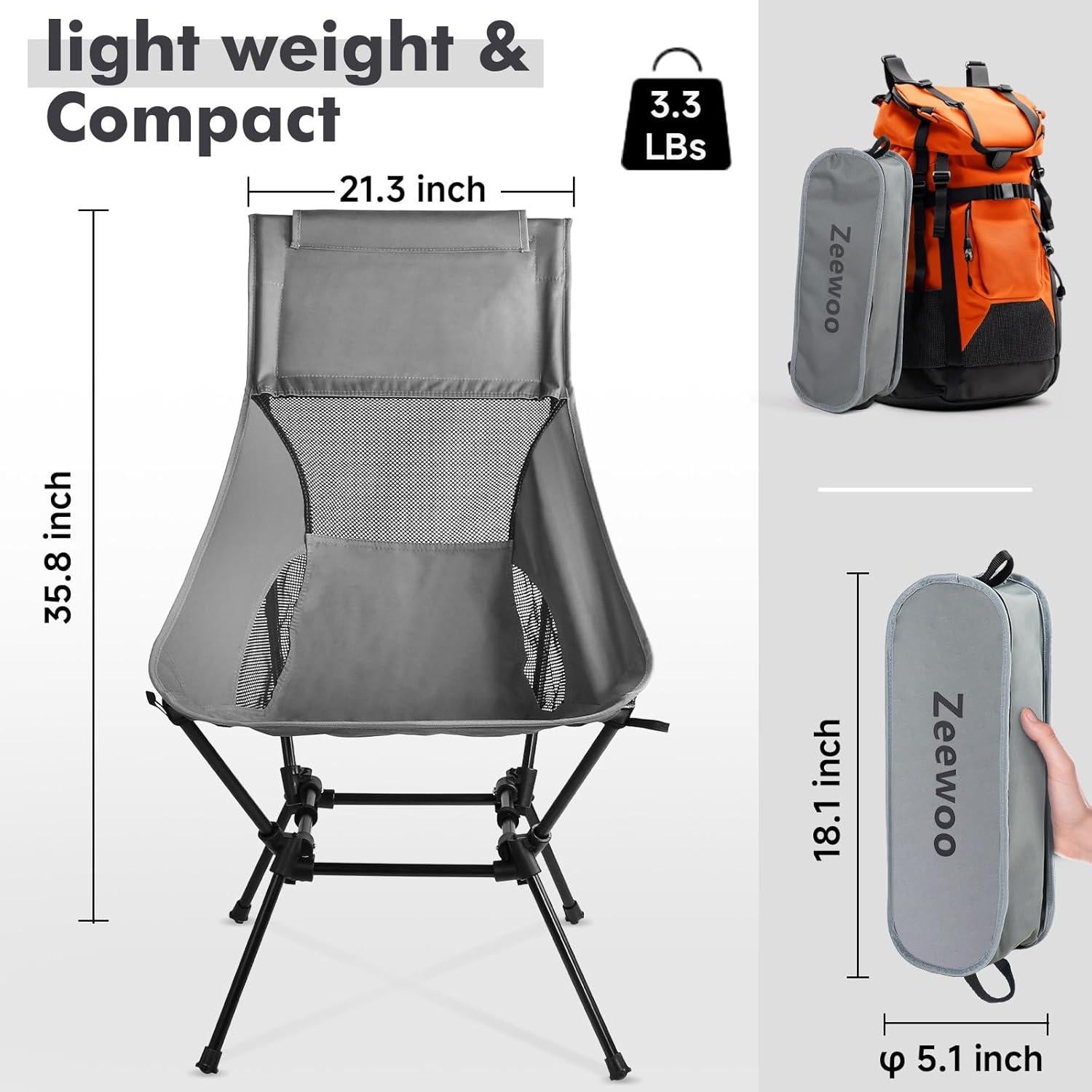 Silla de Camping Plegable Zeewoo con Respaldo Alto y Ajustable