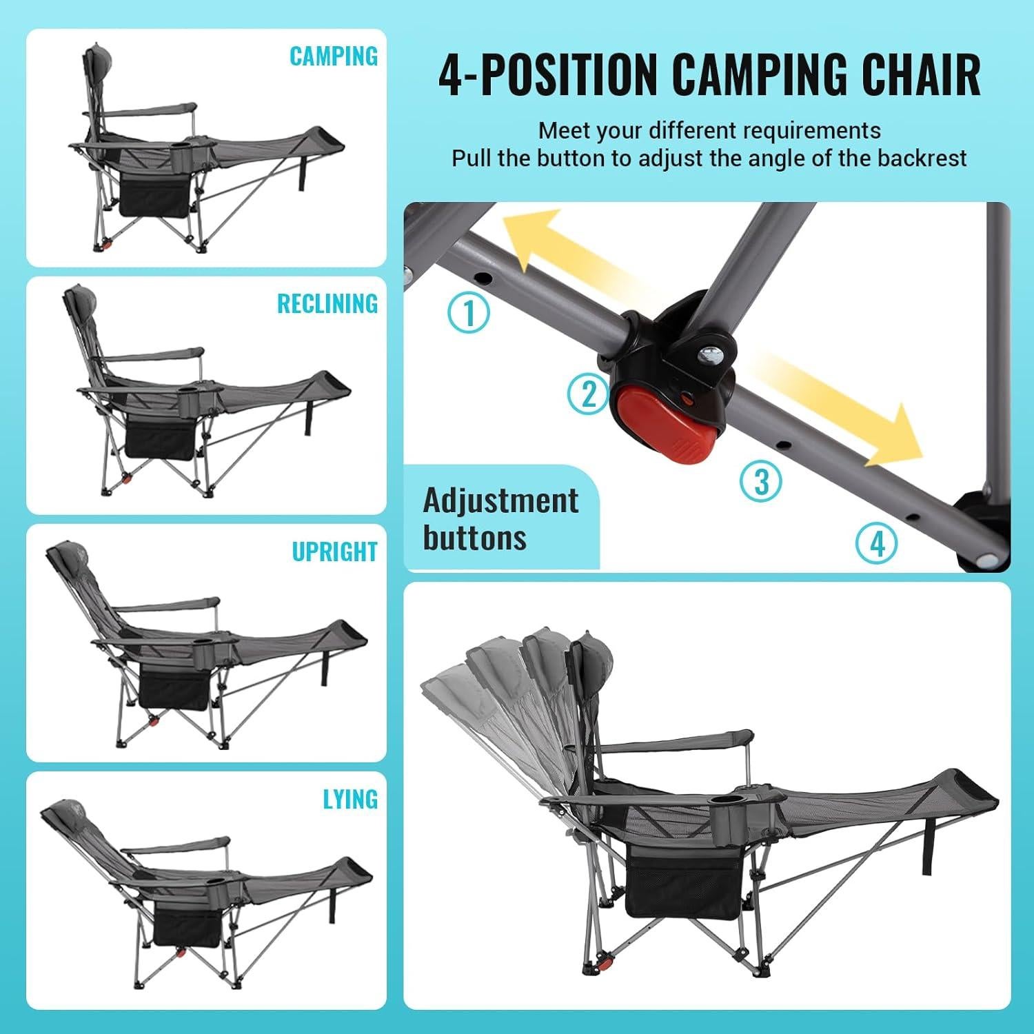 Silla de Camping Reclinable WEJOY CP con Reposapiés 4 Posiciones