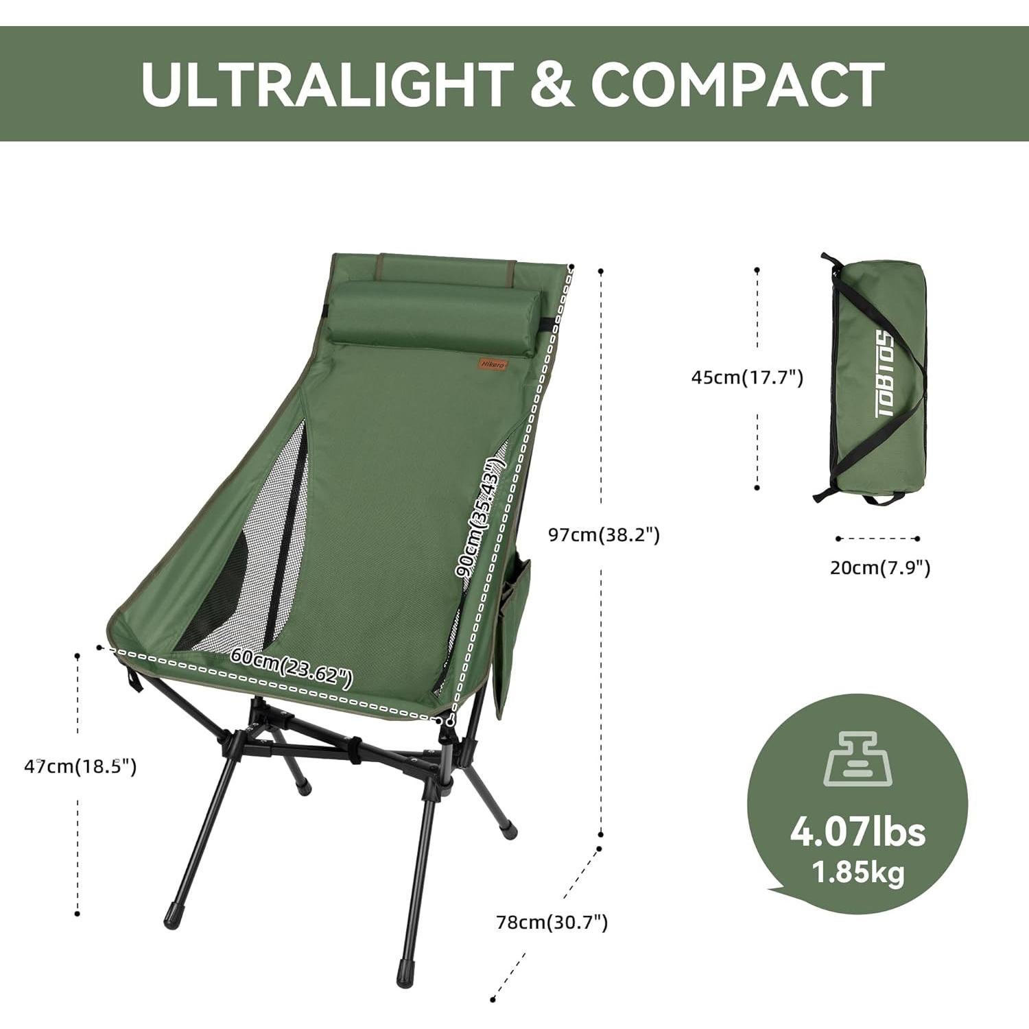 Silla de Camping Plegable Hikero Oxford Verde Respaldo Alto 199.58 kg