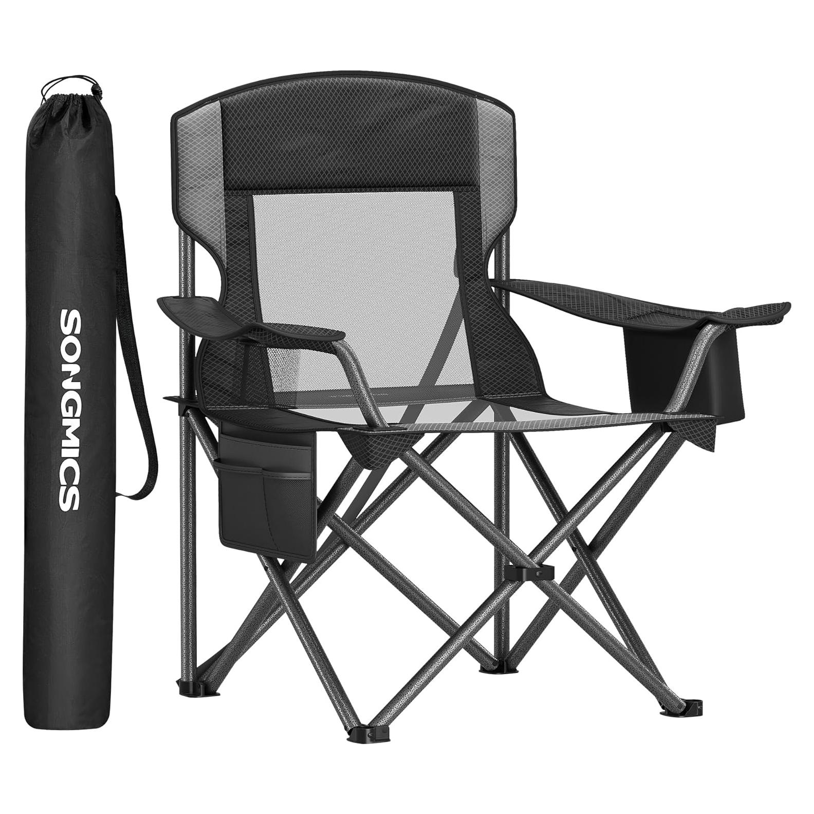 Camping Chair, Folding Lawn Chair with Cooler Bag, 352 lb Weight Capacity, Adjustable Armrests with Cup Holder, Storage Bag, Breathable Nylon Mesh, for Sports Games, Ink Black UGCB060B01