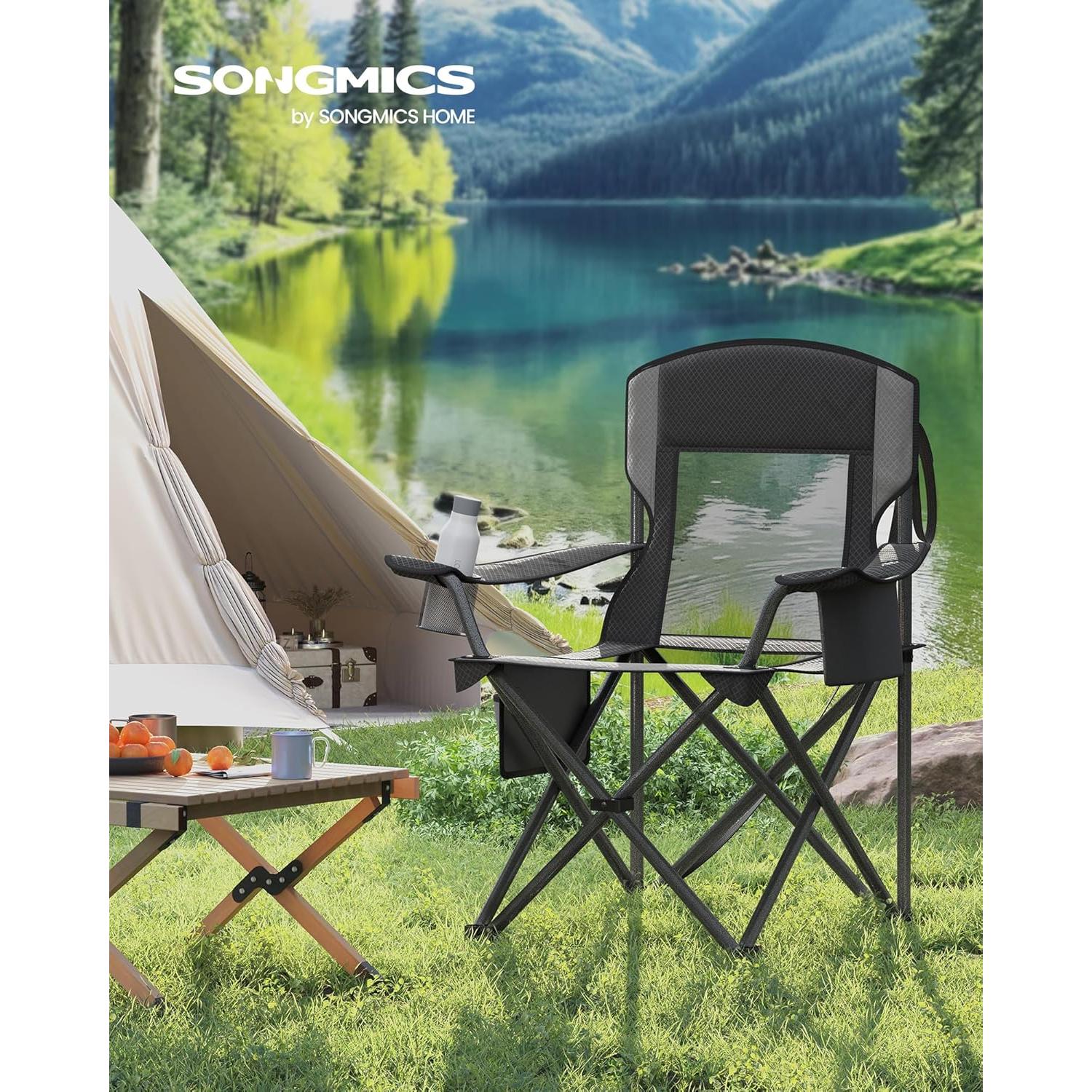 Camping Chair, Folding Lawn Chair with Cooler Bag, 352 lb Weight Capacity, Adjustable Armrests with Cup Holder, Storage Bag, Breathable Nylon Mesh, for Sports Games, Ink Black UGCB060B01