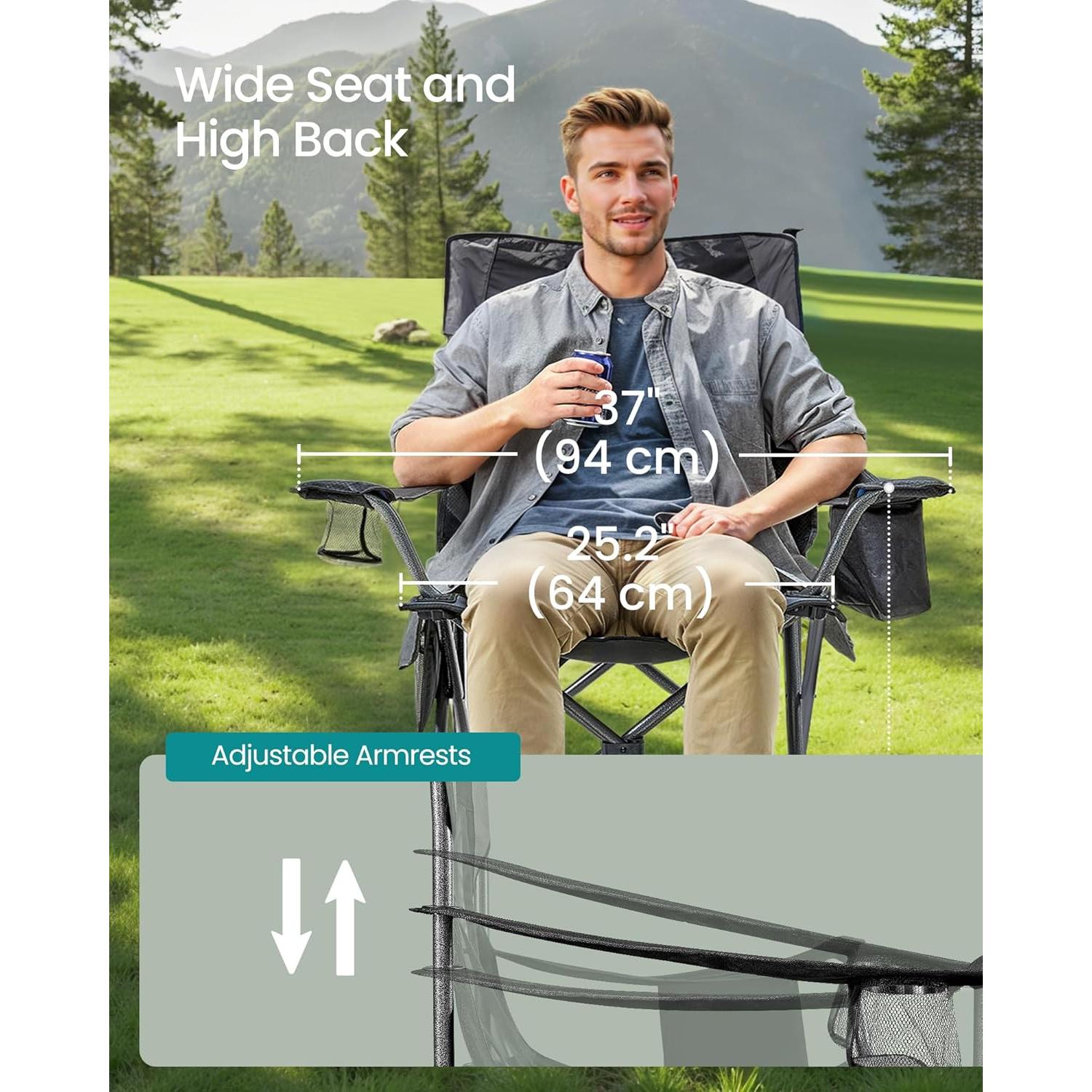 Camping Chair, Folding Lawn Chair with Cooler Bag, 352 lb Weight Capacity, Adjustable Armrests with Cup Holder, Storage Bag, Breathable Nylon Mesh, for Sports Games, Ink Black UGCB060B01