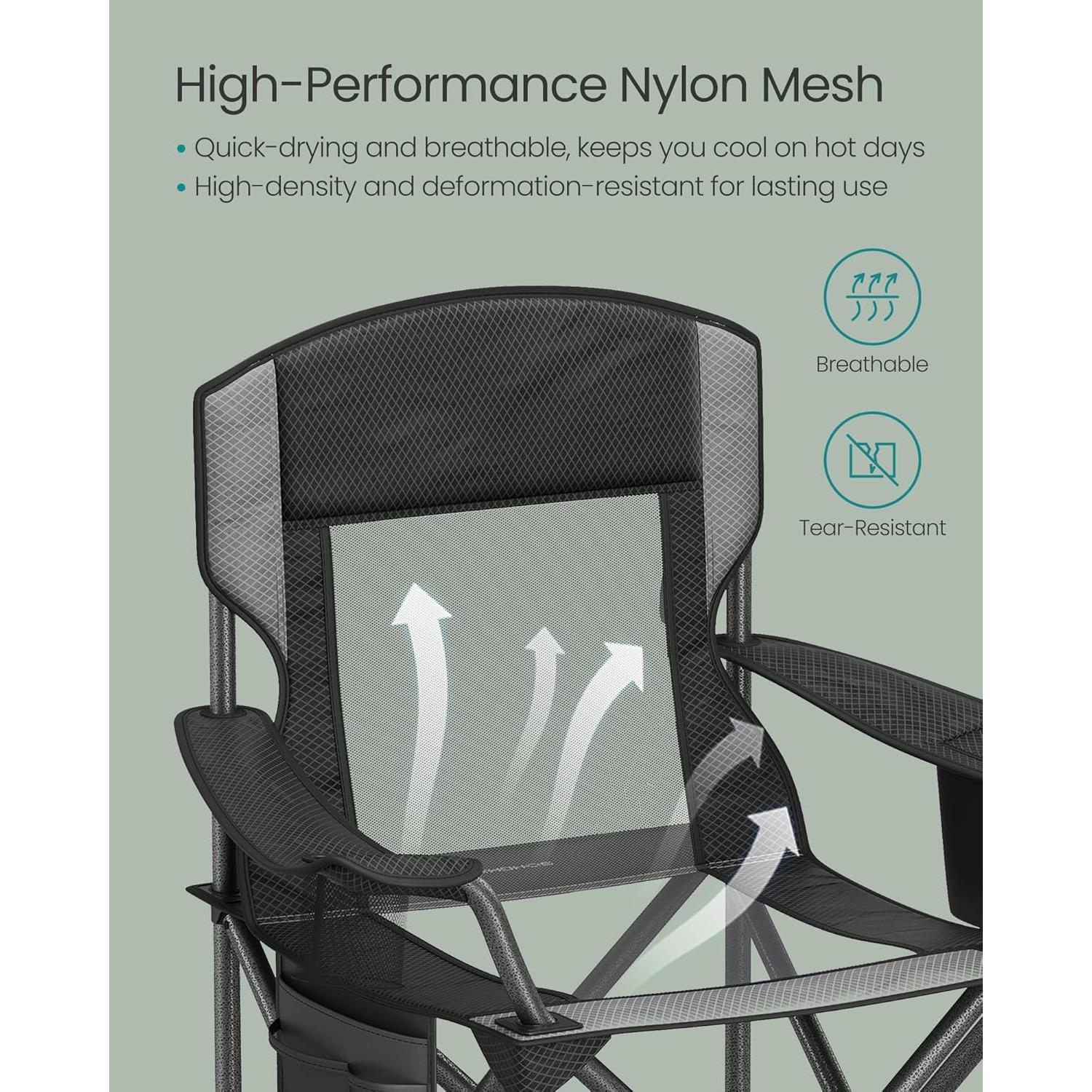 Camping Chair, Folding Lawn Chair with Cooler Bag, 352 lb Weight Capacity, Adjustable Armrests with Cup Holder, Storage Bag, Breathable Nylon Mesh, for Sports Games, Ink Black UGCB060B01