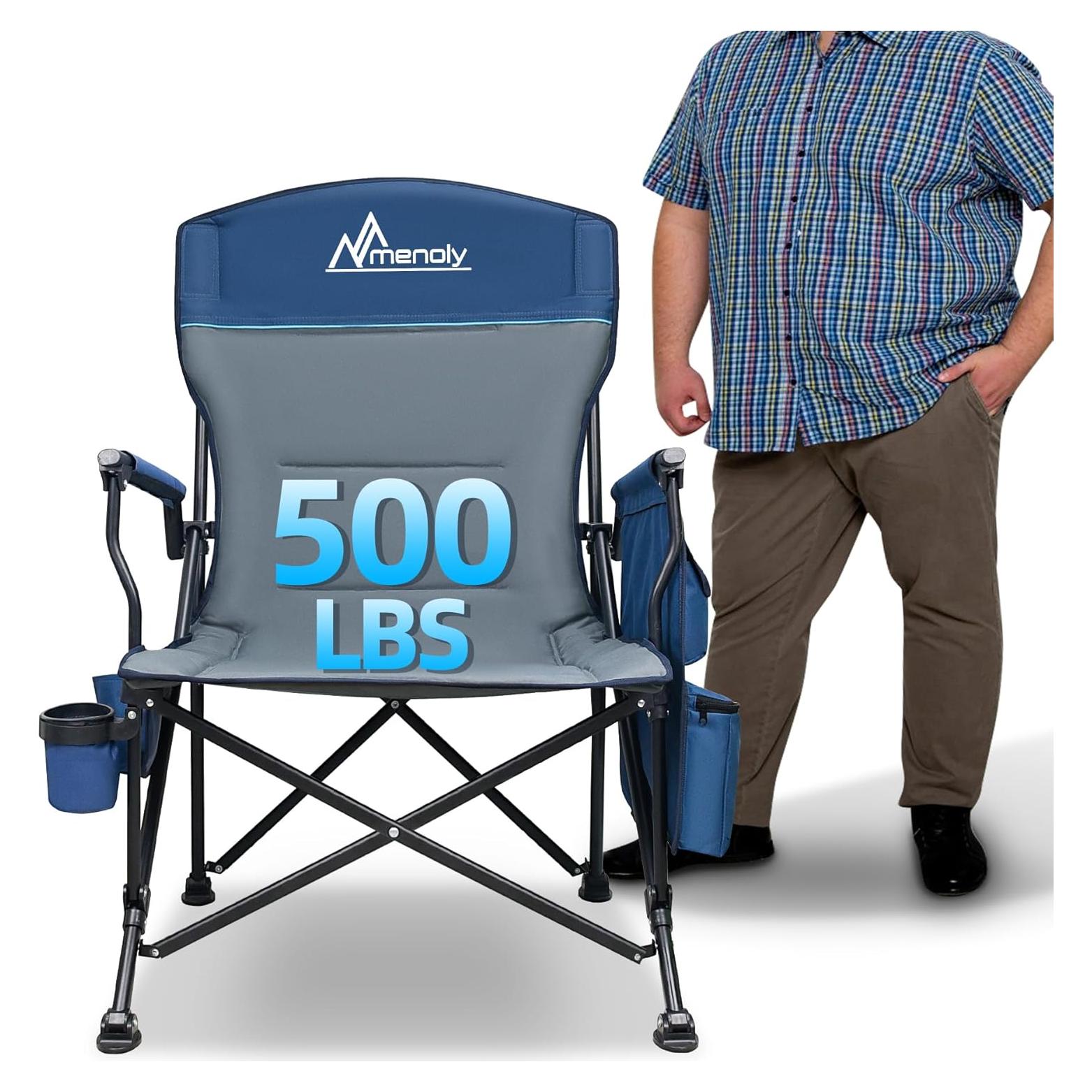 MENOLY Oversized Folding Camping Chair, 500lbs Support Max with Cooler Bag, Multiple Side Pockets & Cup Holder, Heavy Duty Camping Chairs for Adults for Camping, Beach, Fishing