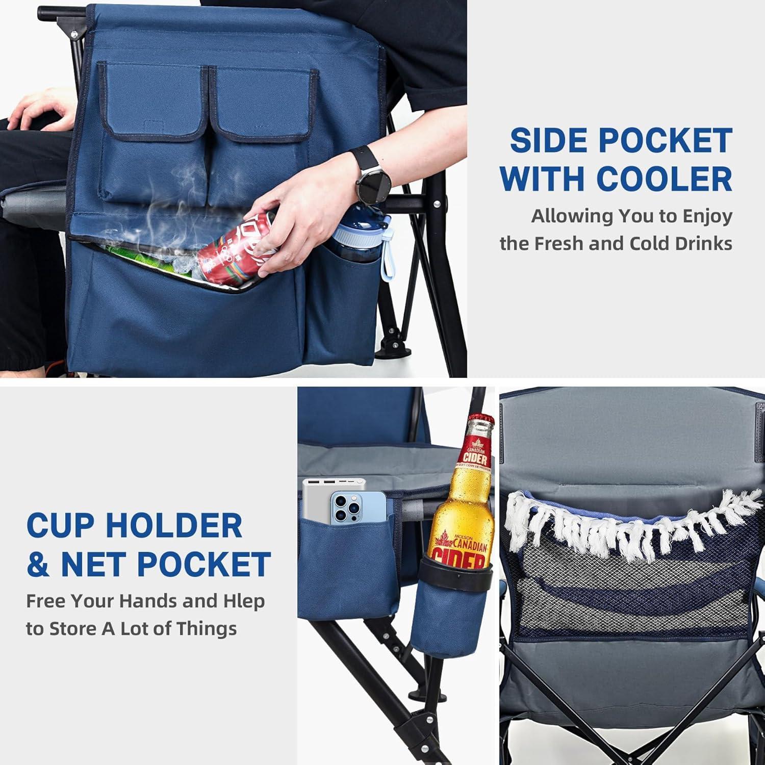 MENOLY Oversized Folding Camping Chair, 500lbs Support Max with Cooler Bag, Multiple Side Pockets & Cup Holder, Heavy Duty Camping Chairs for Adults for Camping, Beach, Fishing