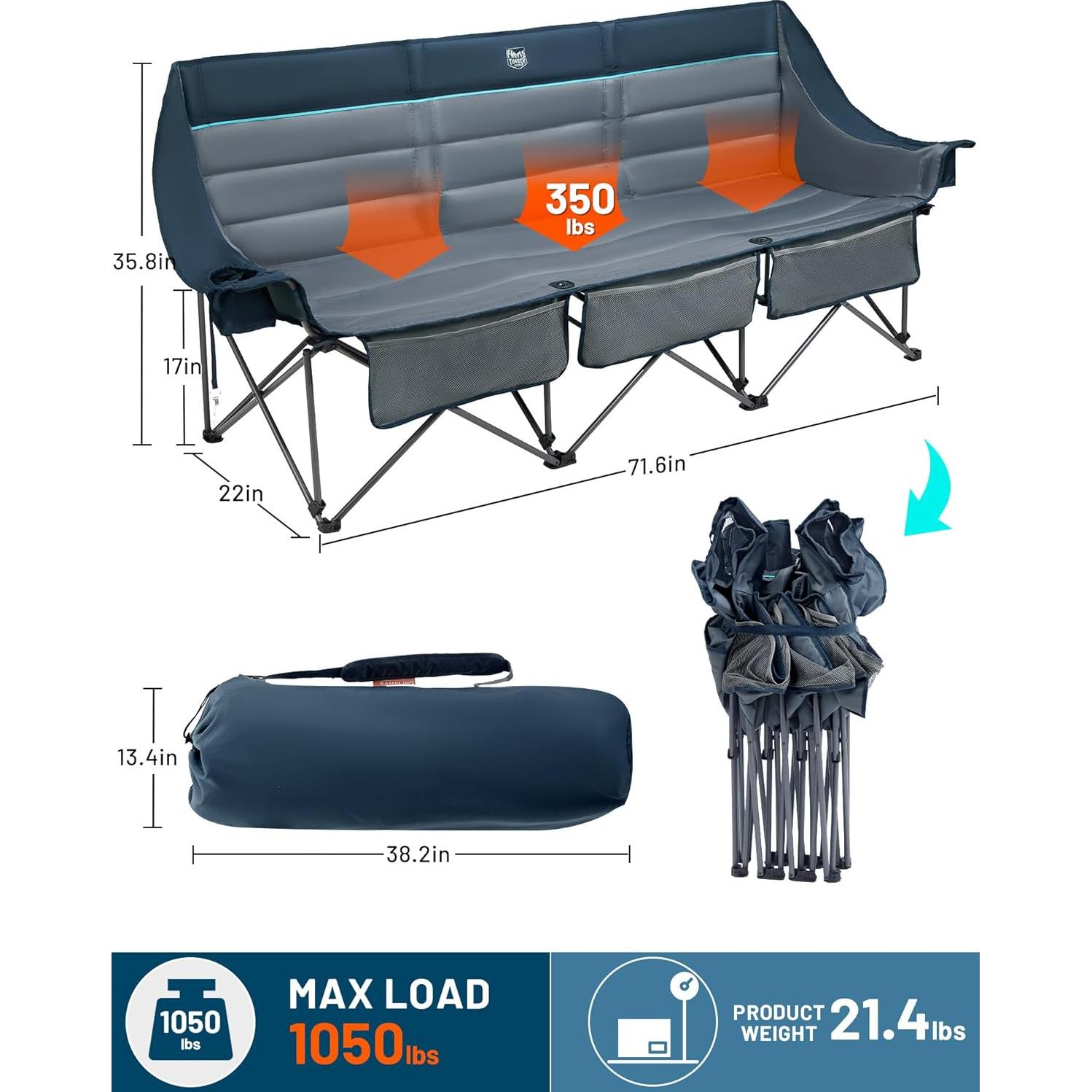 Silla de Camping Plegable TIMBER RIDGE para 3 Personas Azul