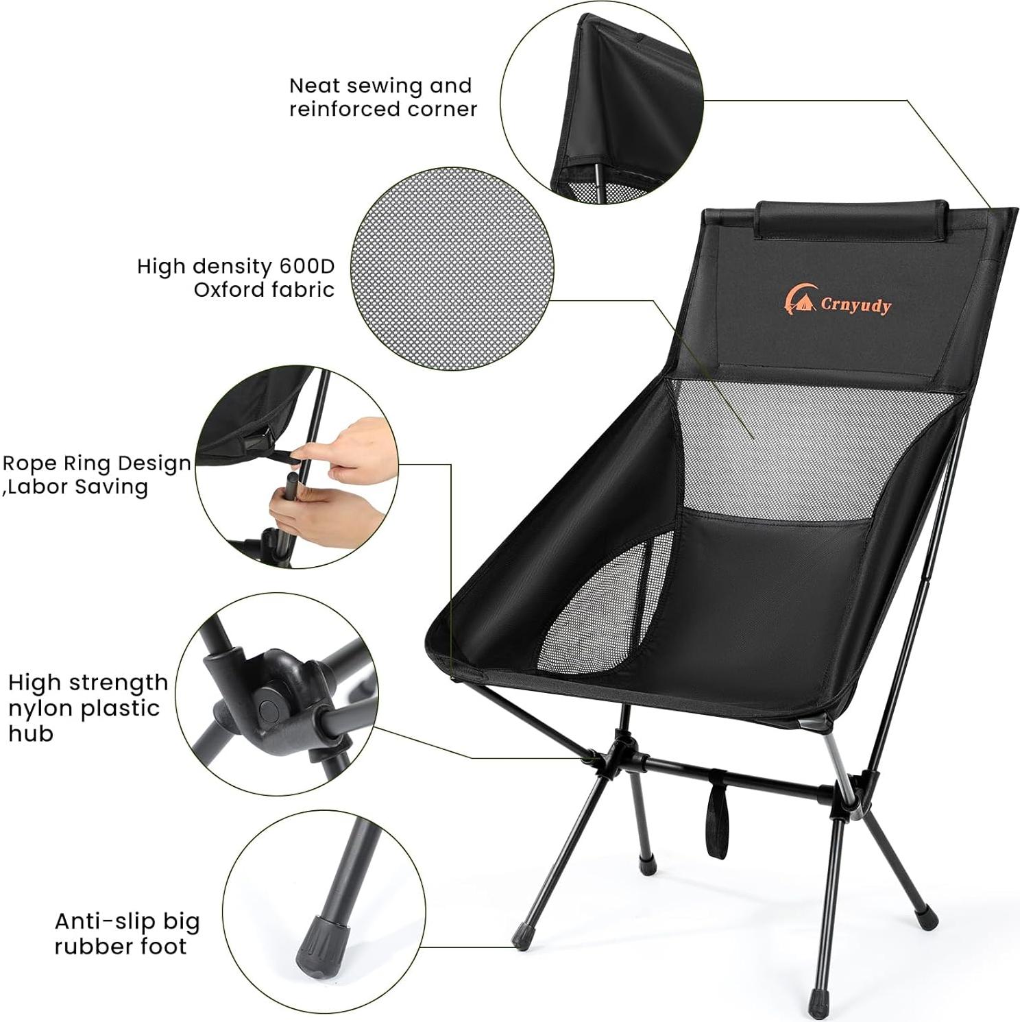 Silla de Camping Plegable Crnyudy Respaldo Alto 1.95 kg Negra