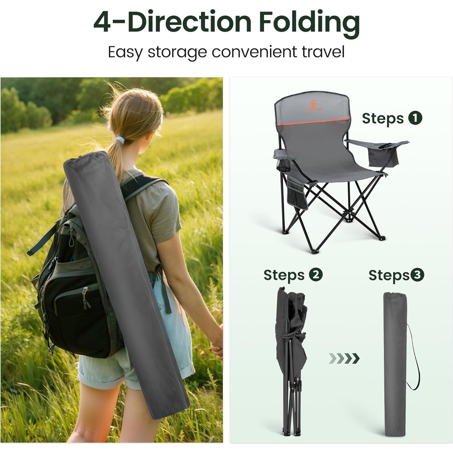 HIGH POINT SPORTS 2 Pack Portable Camping Chair for Adults, Folding Outdoor Camp Chair Lightweight Lawn Chairs Folding Collapsible Chair for Camping, Tailgates, Beach, Gray, Support 250 lbs