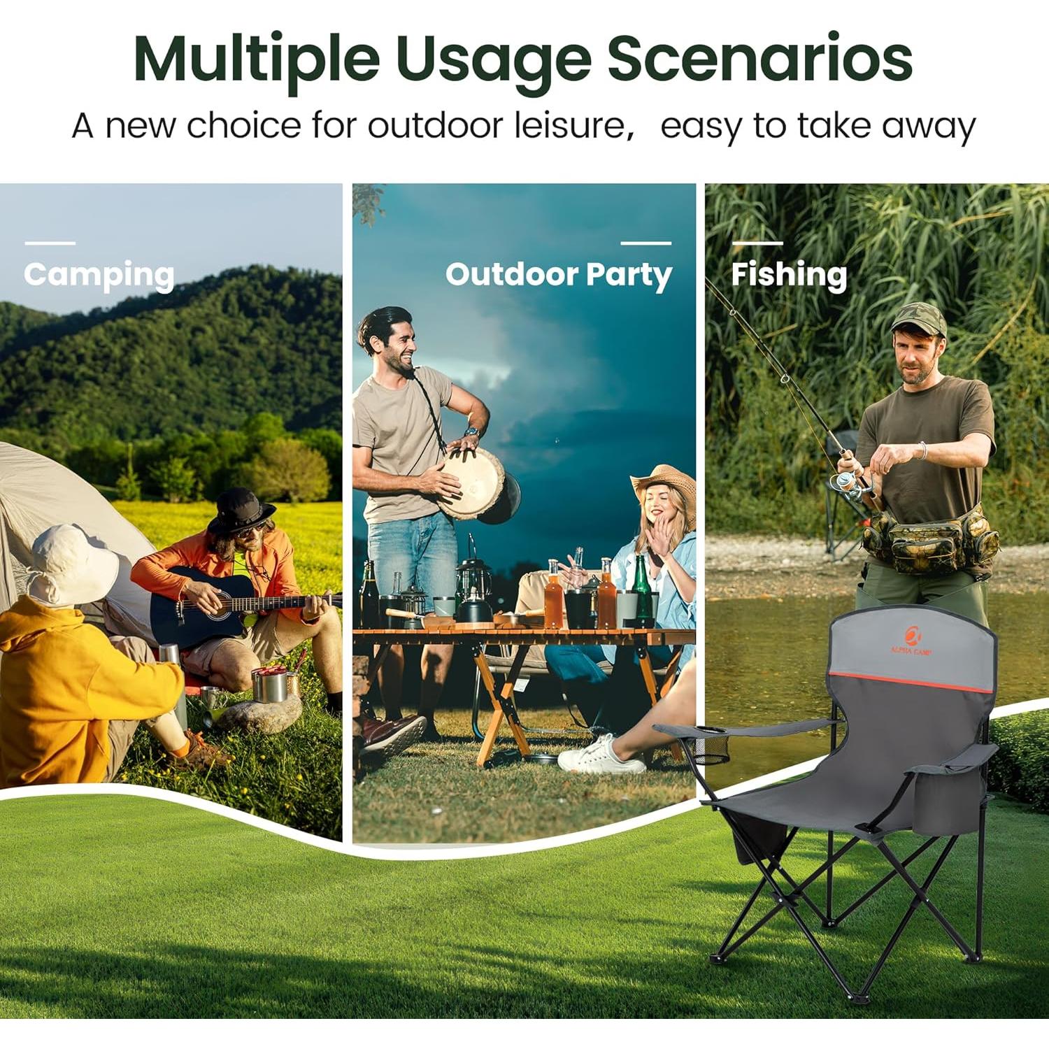 HIGH POINT SPORTS 2 Pack Portable Camping Chair for Adults, Folding Outdoor Camp Chair Lightweight Lawn Chairs Folding Collapsible Chair for Camping, Tailgates, Beach, Gray, Support 250 lbs