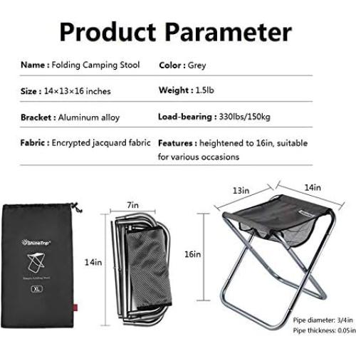 Camping Stool, 16in Tall Large Size Folding Stool with Carry Bag, Aluminum Alloy Bracket, 1.5lbs Lightweight, Load Capacity to 300lbs, for Travel, Hiking, BBQ, Fishing, Beach(Grey)