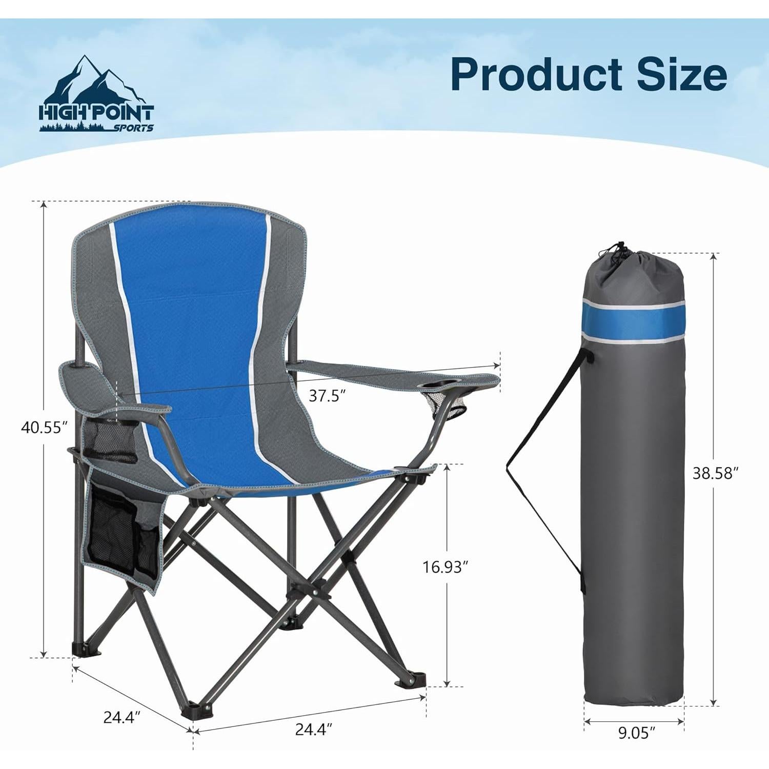 Silla de Camping Plegable HIGH POINT SPORTS Azul-Gris 158.8 KG