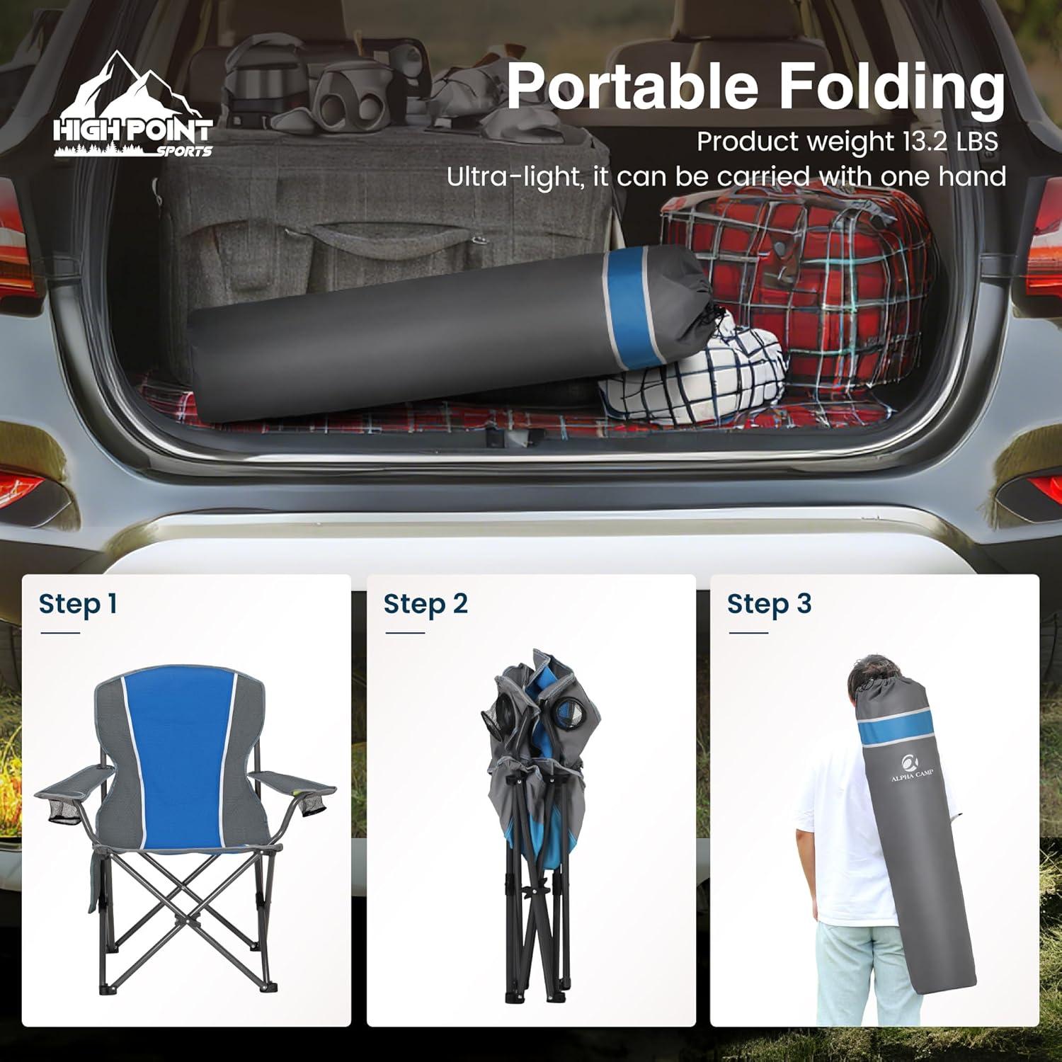 Silla de Camping Plegable HIGH POINT SPORTS Azul-Gris 158.8 KG