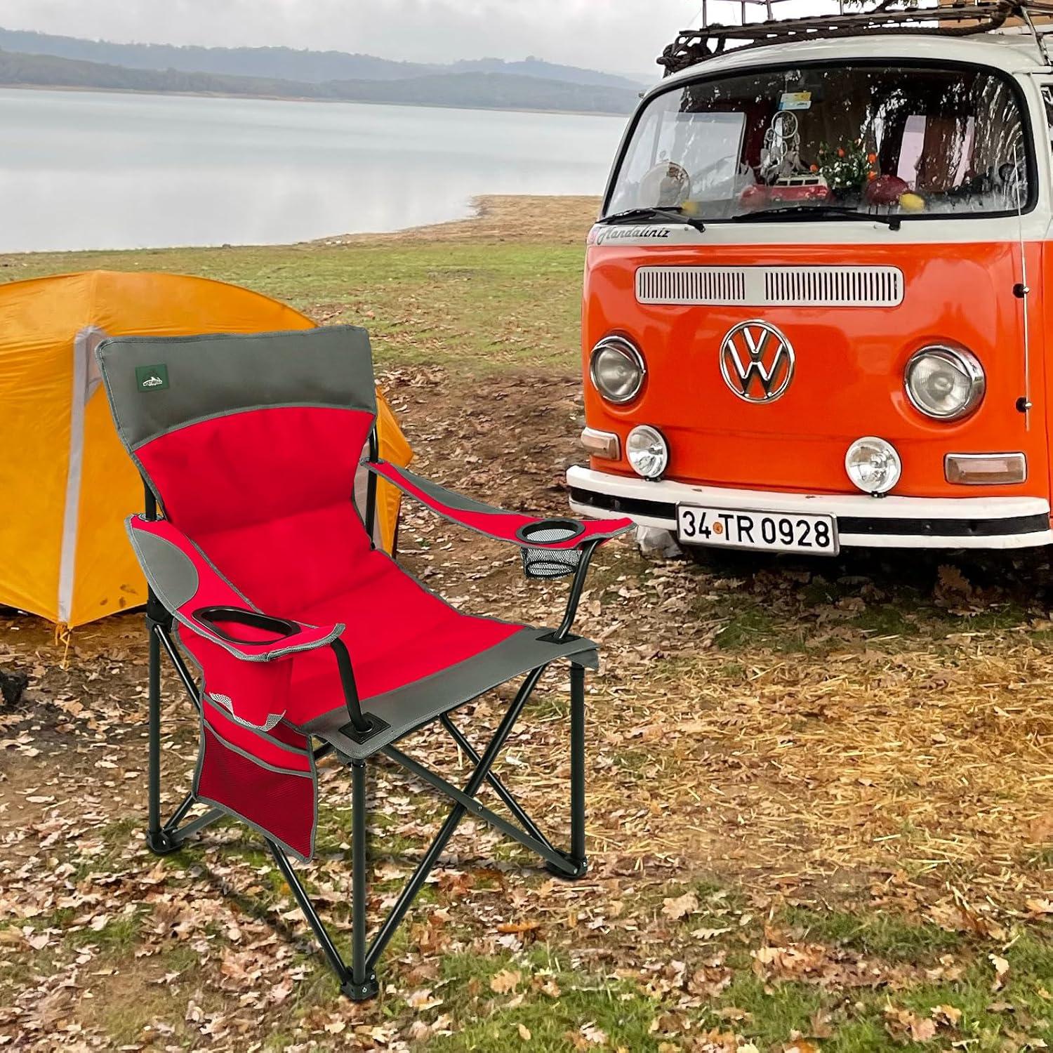 Foldable Camping Chair Heavy-Duty Outdoor Folding Chair Support Up to 300lbs for Hiking, Picnics, Patio, Beach, Fishing (Red)