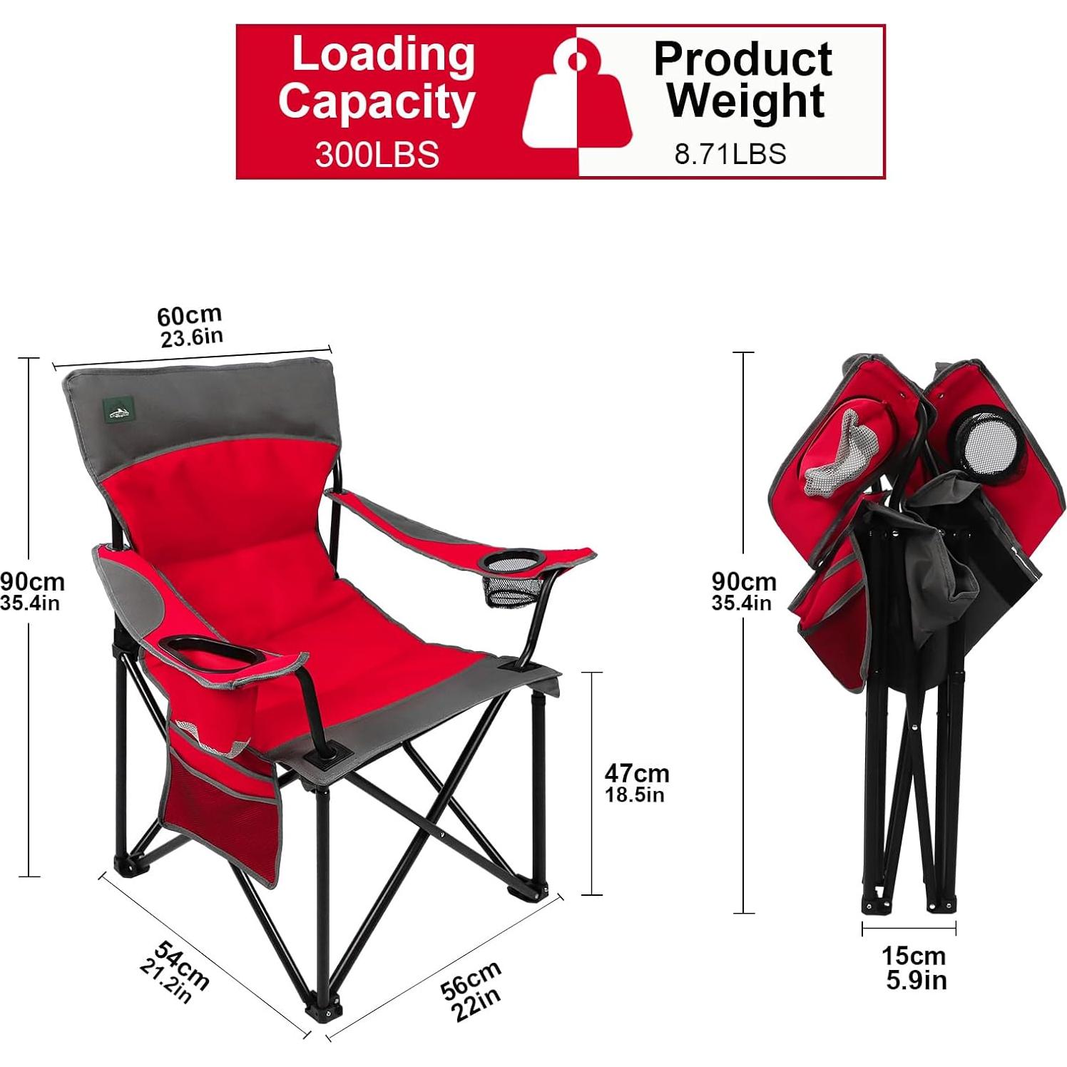 Foldable Camping Chair Heavy-Duty Outdoor Folding Chair Support Up to 300lbs for Hiking, Picnics, Patio, Beach, Fishing (Red)