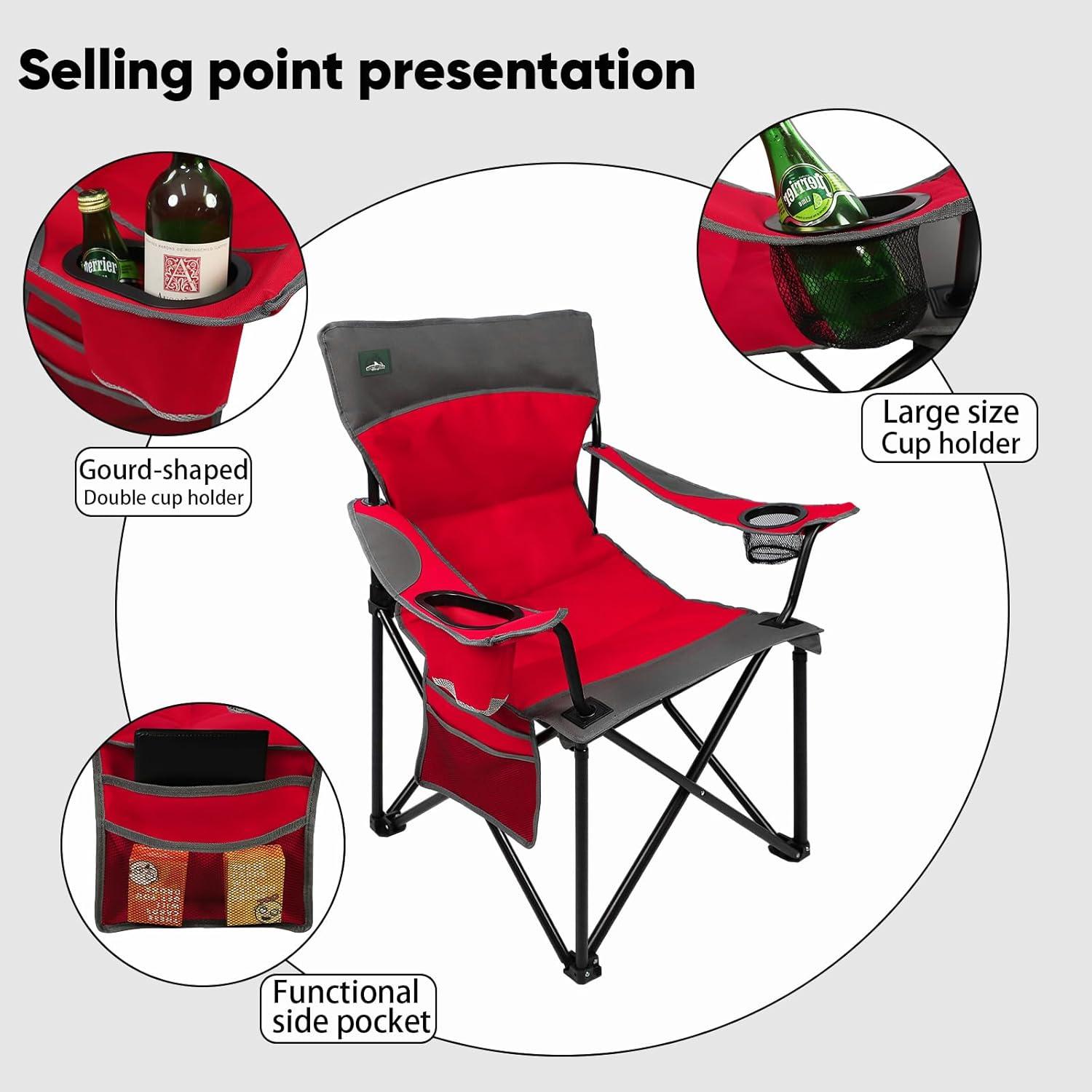 Foldable Camping Chair Heavy-Duty Outdoor Folding Chair Support Up to 300lbs for Hiking, Picnics, Patio, Beach, Fishing (Red)