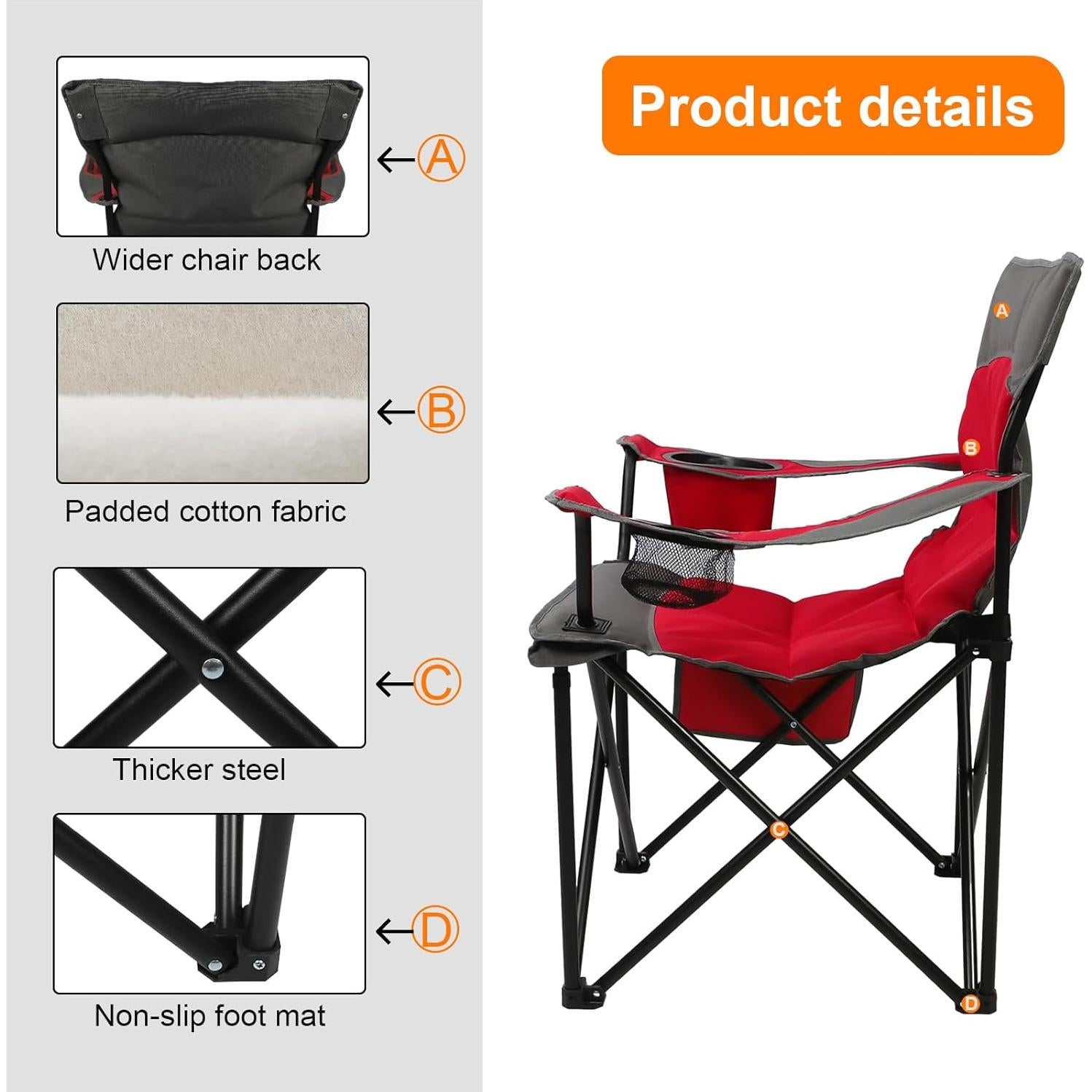Foldable Camping Chair Heavy-Duty Outdoor Folding Chair Support Up to 300lbs for Hiking, Picnics, Patio, Beach, Fishing (Red)