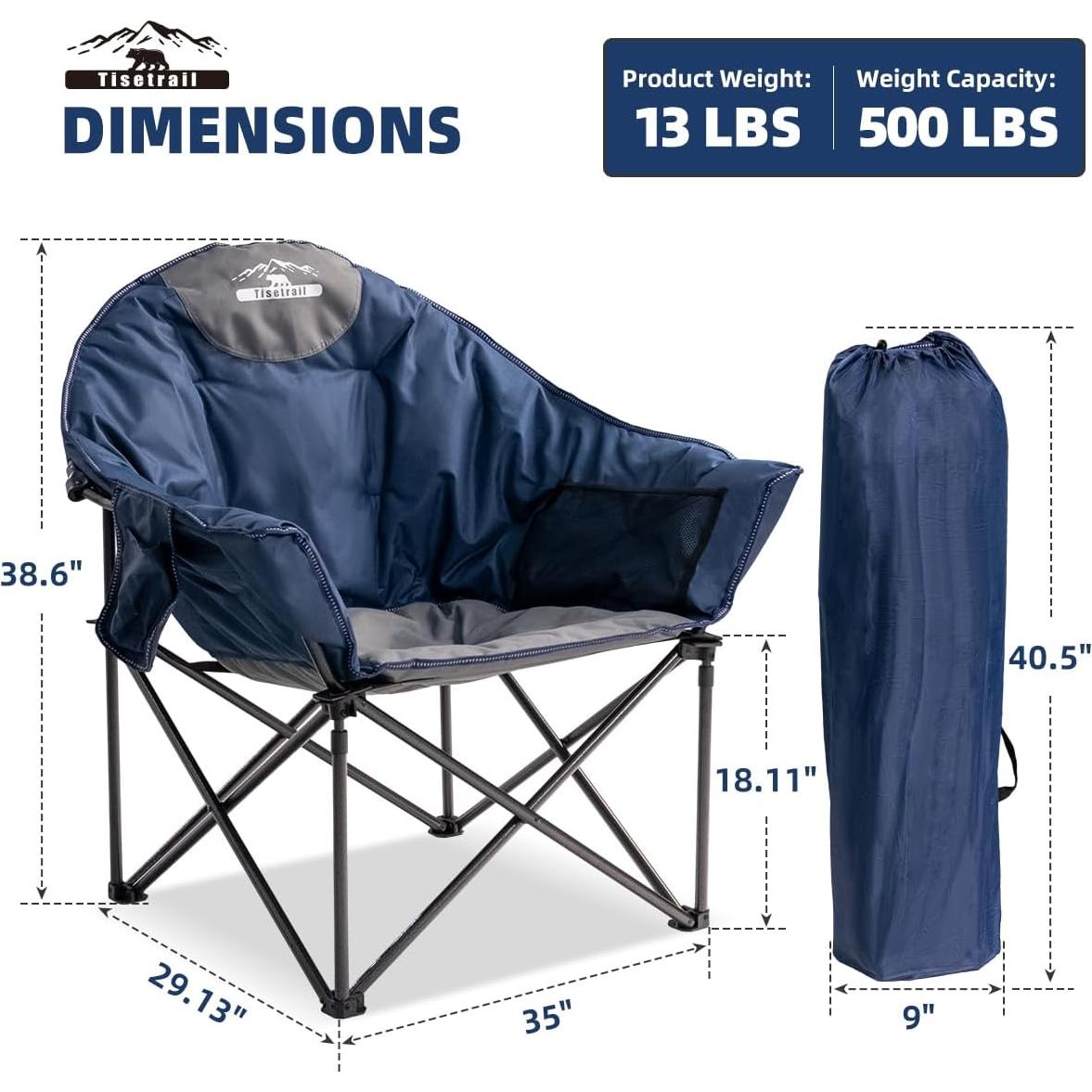 Oversized Camping Chair Padded Moon Round Saucer Chair with Cup Holder and Carry Bag Folding Comfy Sofa Chair for Lawn Patio Sports, Supports 500lbs, Blue & Gray