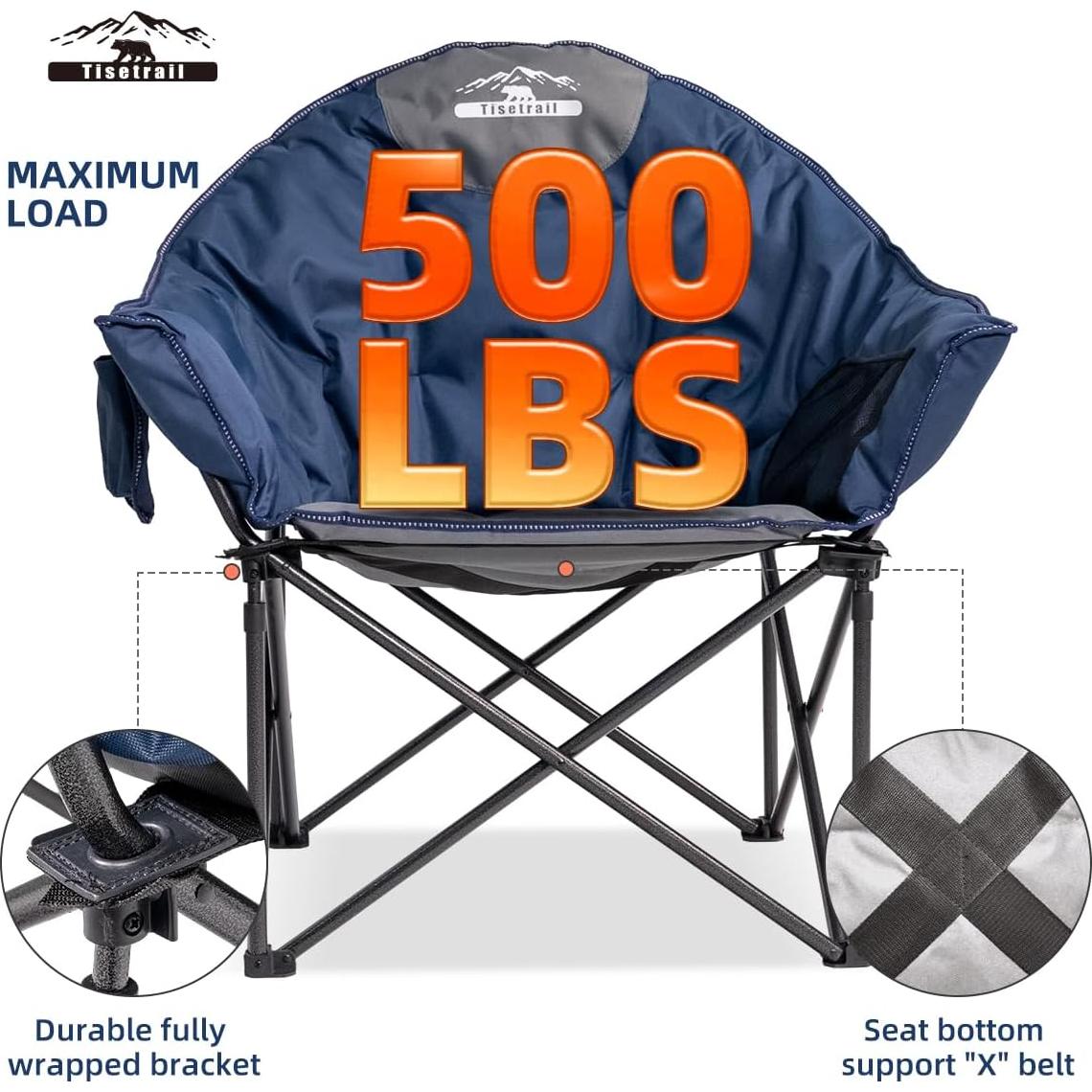 Oversized Camping Chair Padded Moon Round Saucer Chair with Cup Holder and Carry Bag Folding Comfy Sofa Chair for Lawn Patio Sports, Supports 500lbs, Blue & Gray