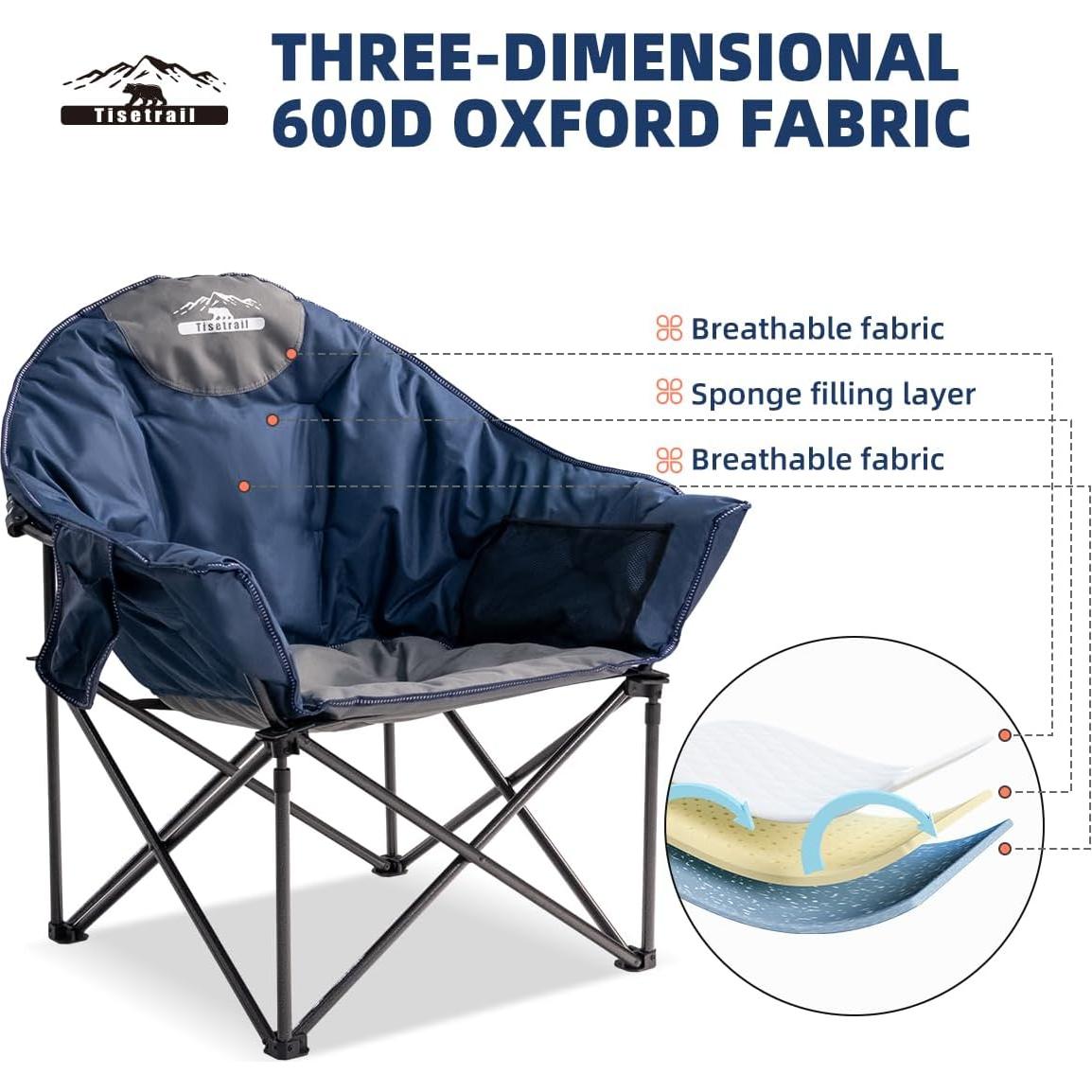 Oversized Camping Chair Padded Moon Round Saucer Chair with Cup Holder and Carry Bag Folding Comfy Sofa Chair for Lawn Patio Sports, Supports 500lbs, Blue & Gray