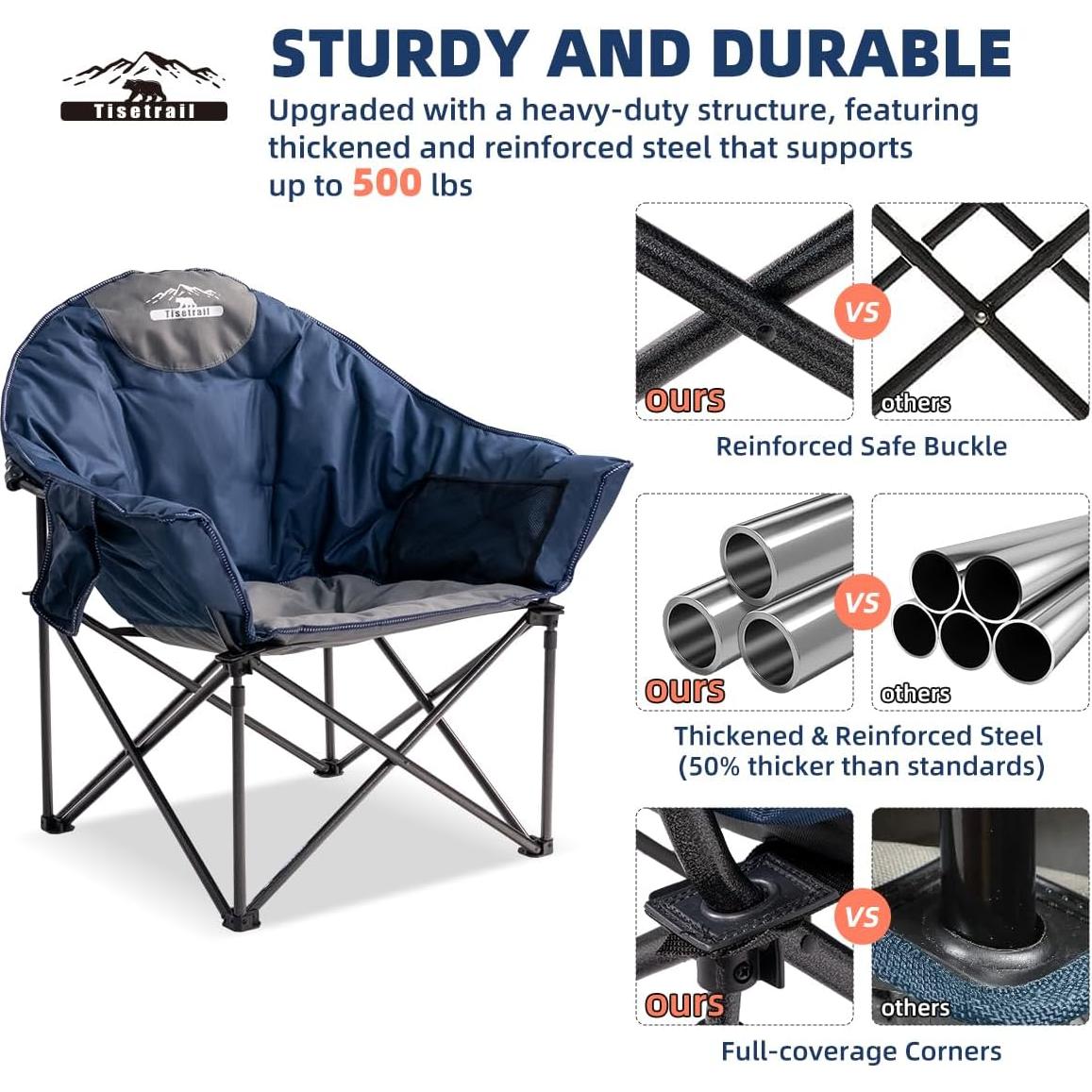 Oversized Camping Chair Padded Moon Round Saucer Chair with Cup Holder and Carry Bag Folding Comfy Sofa Chair for Lawn Patio Sports, Supports 500lbs, Blue & Gray