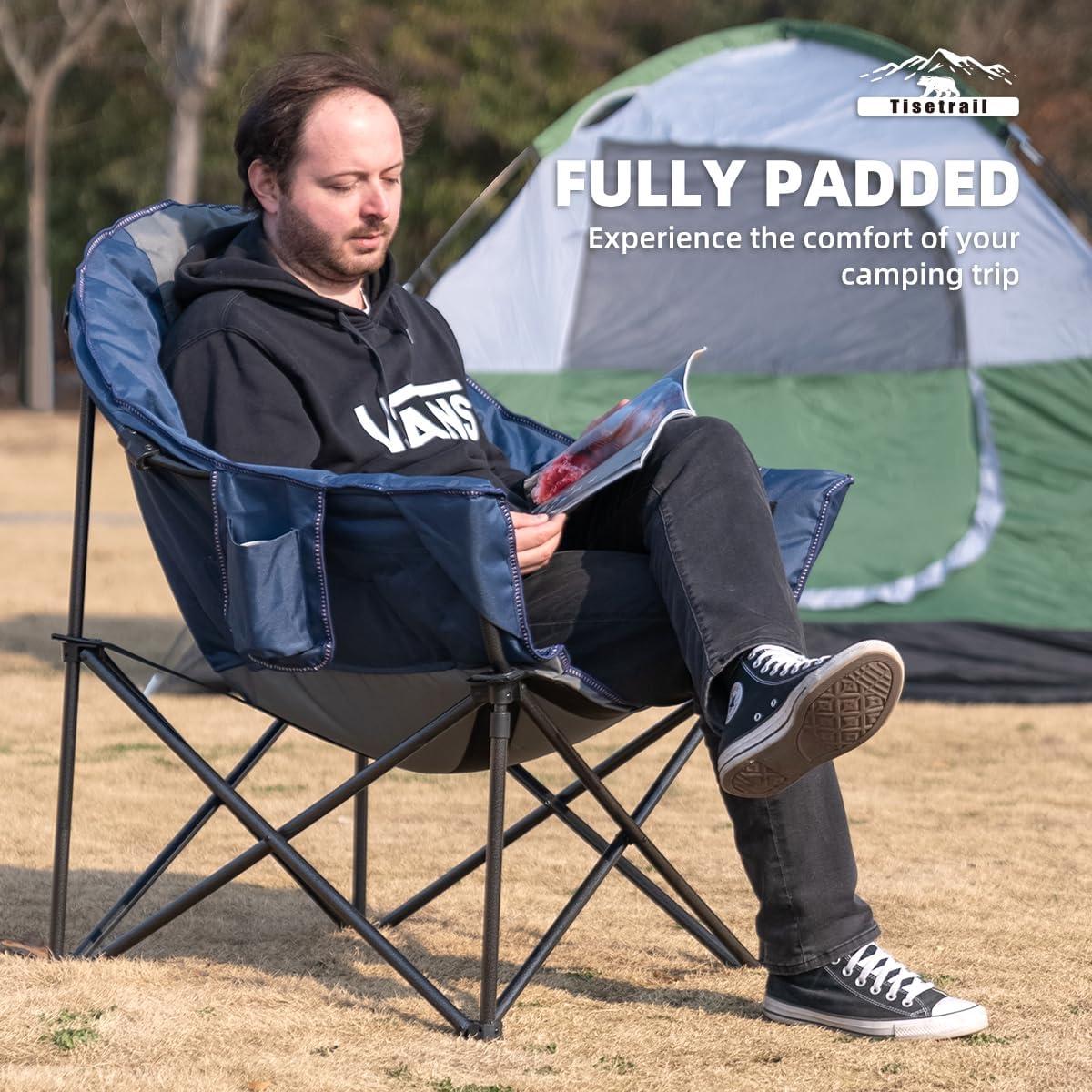 Oversized Camping Chair Padded Moon Round Saucer Chair with Cup Holder and Carry Bag Folding Comfy Sofa Chair for Lawn Patio Sports, Supports 500lbs, Blue & Gray