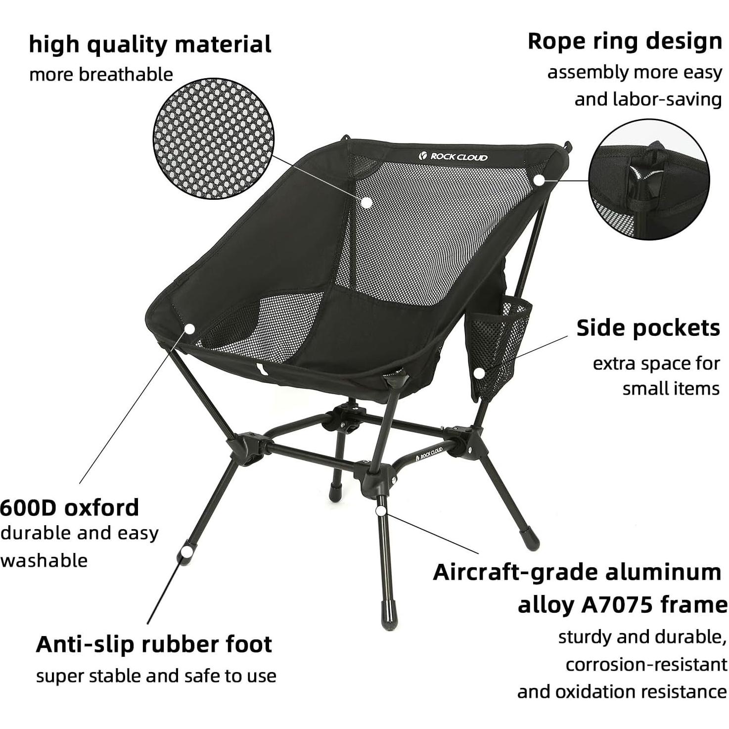Silla de Camping Plegable Rock Cloud Charles 2pz Negra Ultraligera