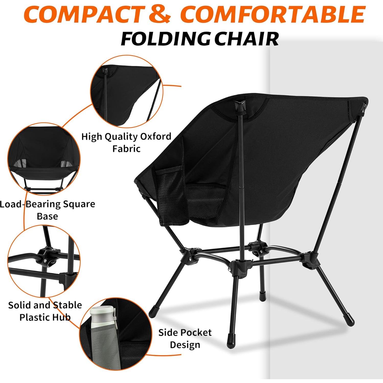 Silla de Camping Plegable DwelSpire Respaldo Corto Negra 150kg