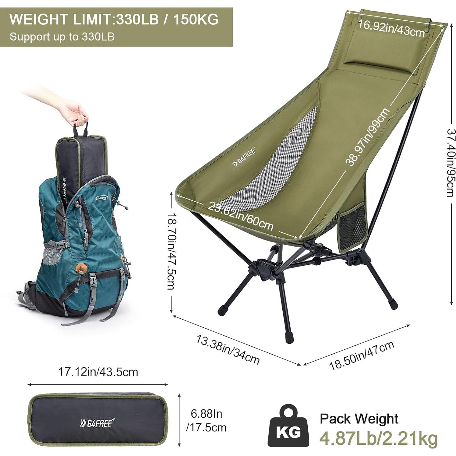Silla de Camping Plegable G4Free Verde 150Kg Respaldo Alto