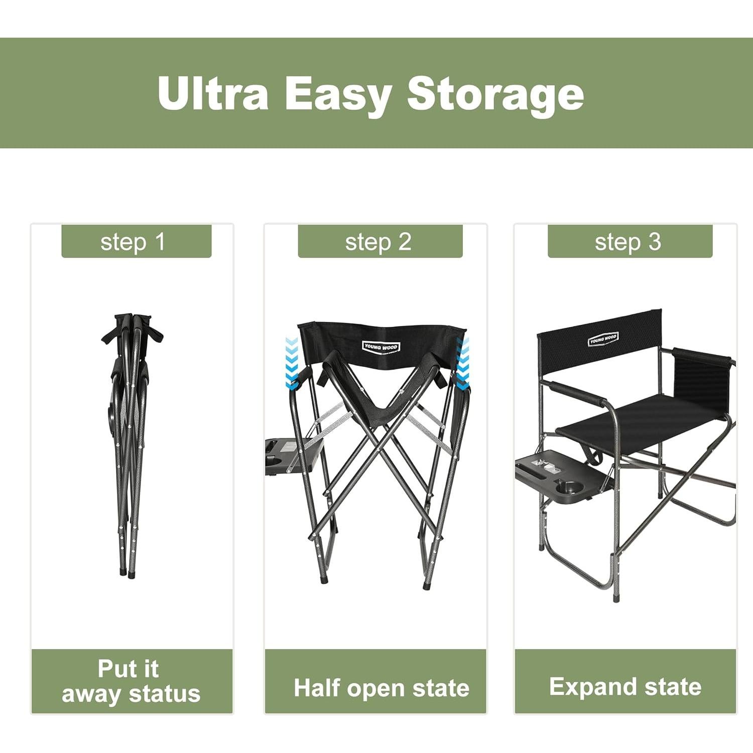 Silla Plegable Young Wood para Camping con Mesa Lateral - Negro