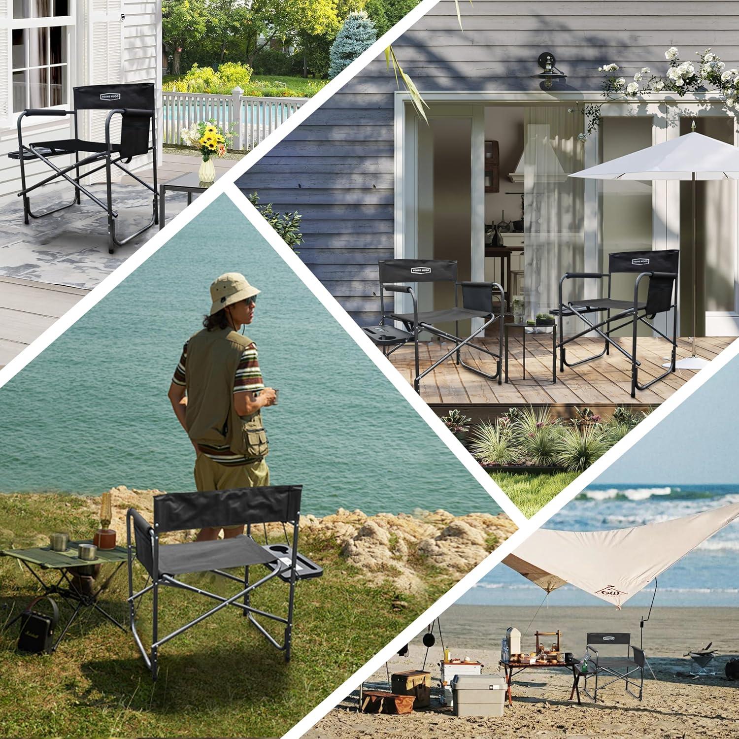 Silla Plegable Young Wood para Camping con Mesa Lateral - Negro