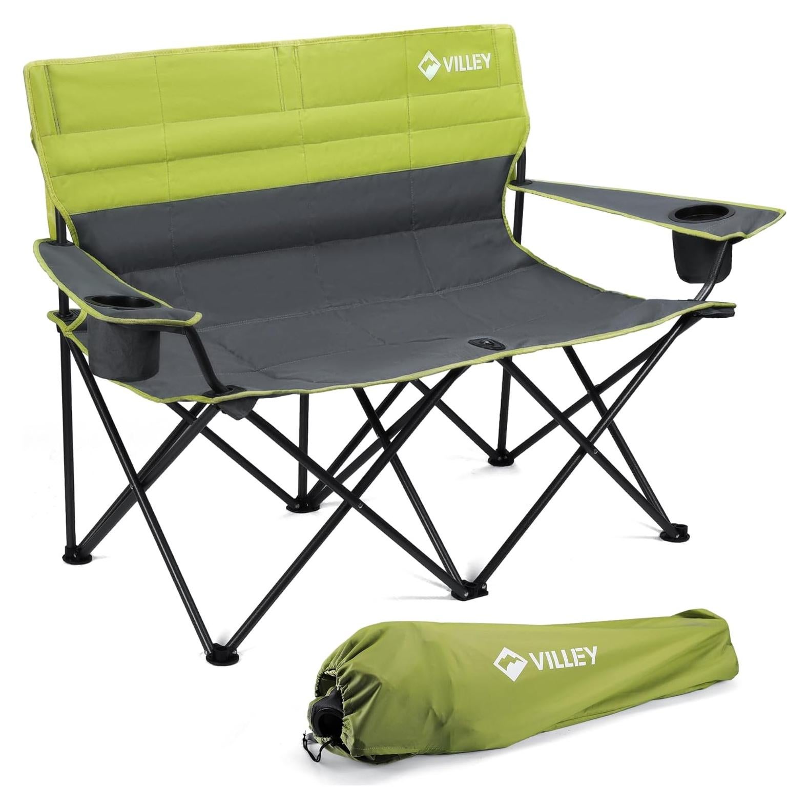 VILLEY Double Camping Chair, Extra Wide Loveseat, Heavy Duty Padded Camping Couch, Portable Folding Camp Chair w/Carry Bag, Steel Frame, Cup Holders for Camping Lawn Picnic Sports, Supports 500 LBS