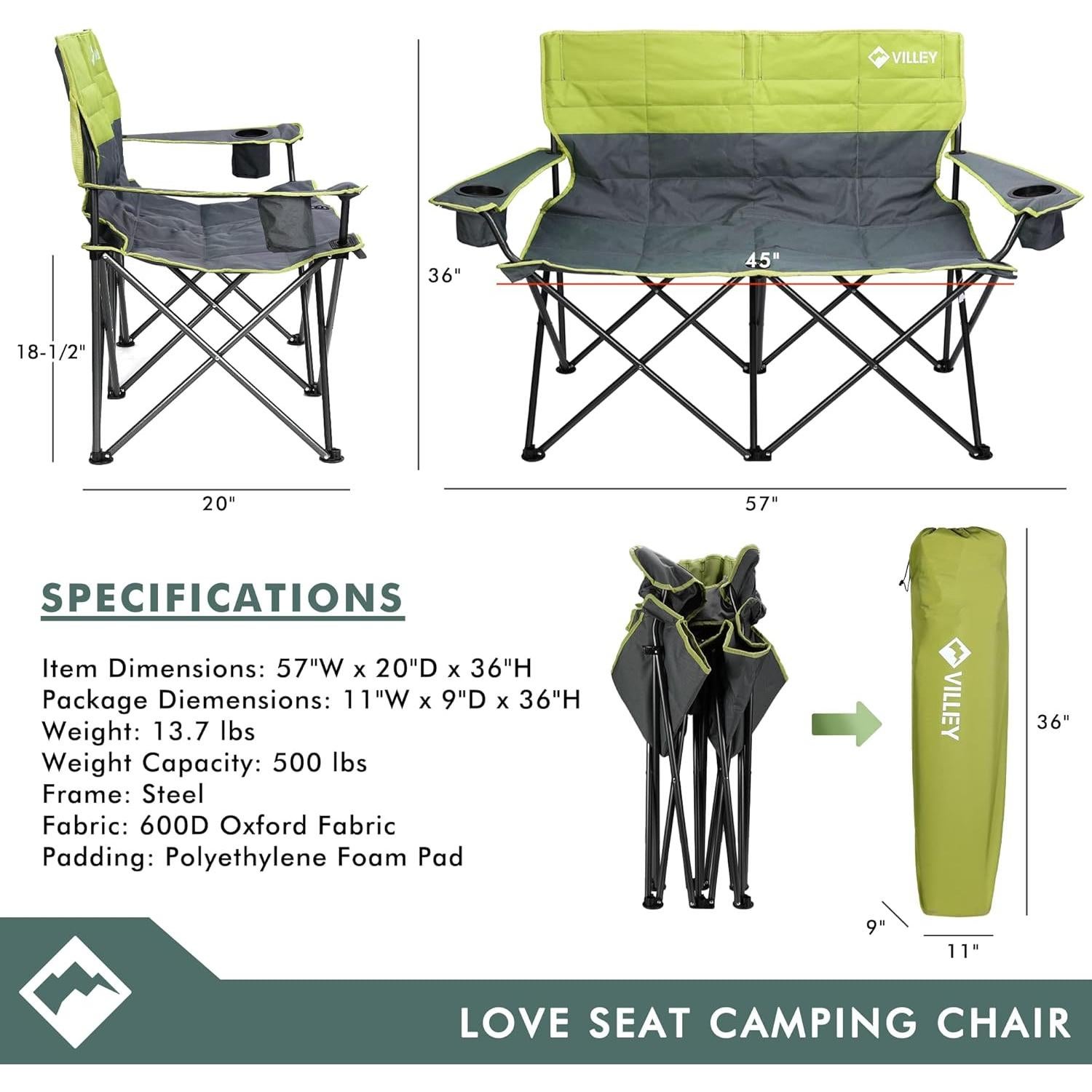 VILLEY Double Camping Chair, Extra Wide Loveseat, Heavy Duty Padded Camping Couch, Portable Folding Camp Chair w/Carry Bag, Steel Frame, Cup Holders for Camping Lawn Picnic Sports, Supports 500 LBS