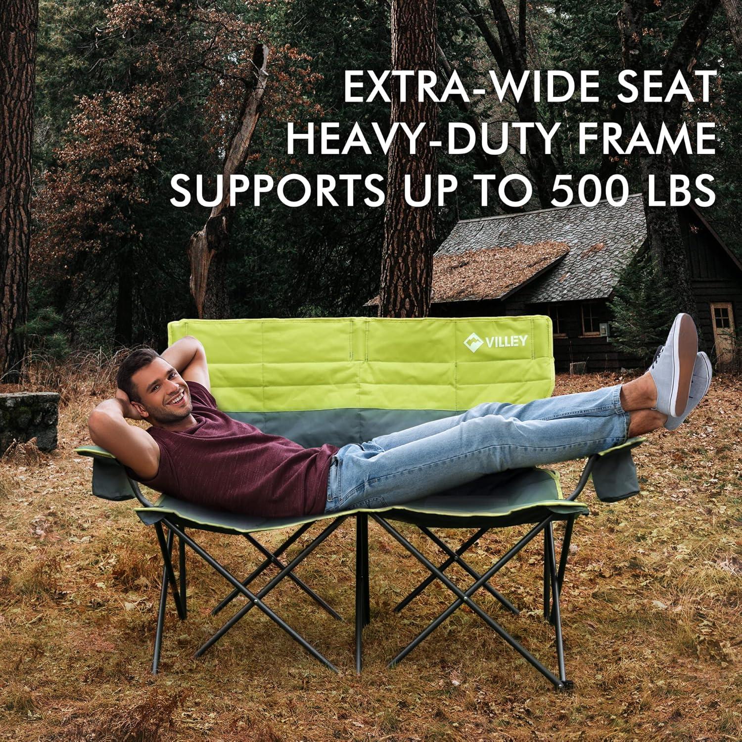 VILLEY Double Camping Chair, Extra Wide Loveseat, Heavy Duty Padded Camping Couch, Portable Folding Camp Chair w/Carry Bag, Steel Frame, Cup Holders for Camping Lawn Picnic Sports, Supports 500 LBS