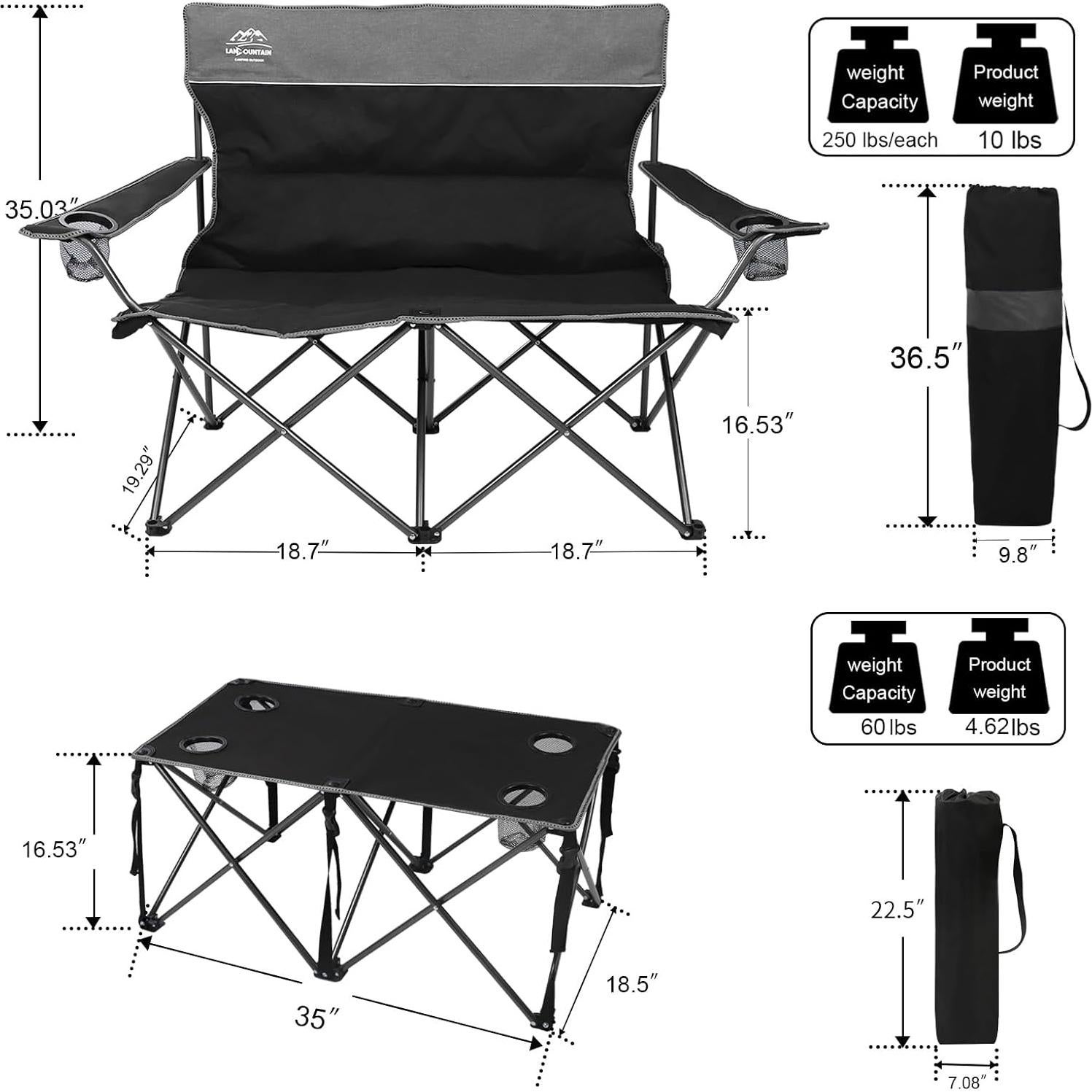 Oversized 4 Pcs Camping Chair Set with Table,Outdoor Folding Heavy Duty Lawn Chair,Cup Holder,Portable,Loveseat Chair Perfect for Family Hiking,Picnics and Beach Trips,Black