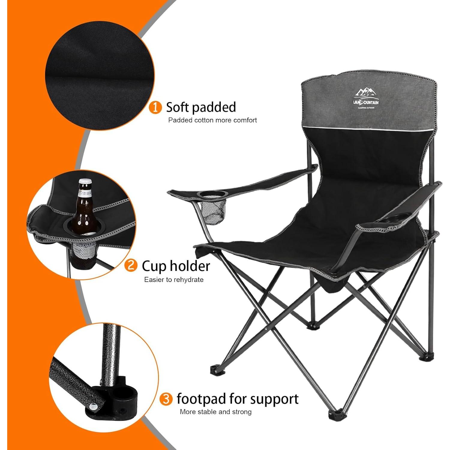 Oversized 4 Pcs Camping Chair Set with Table,Outdoor Folding Heavy Duty Lawn Chair,Cup Holder,Portable,Loveseat Chair Perfect for Family Hiking,Picnics and Beach Trips,Black