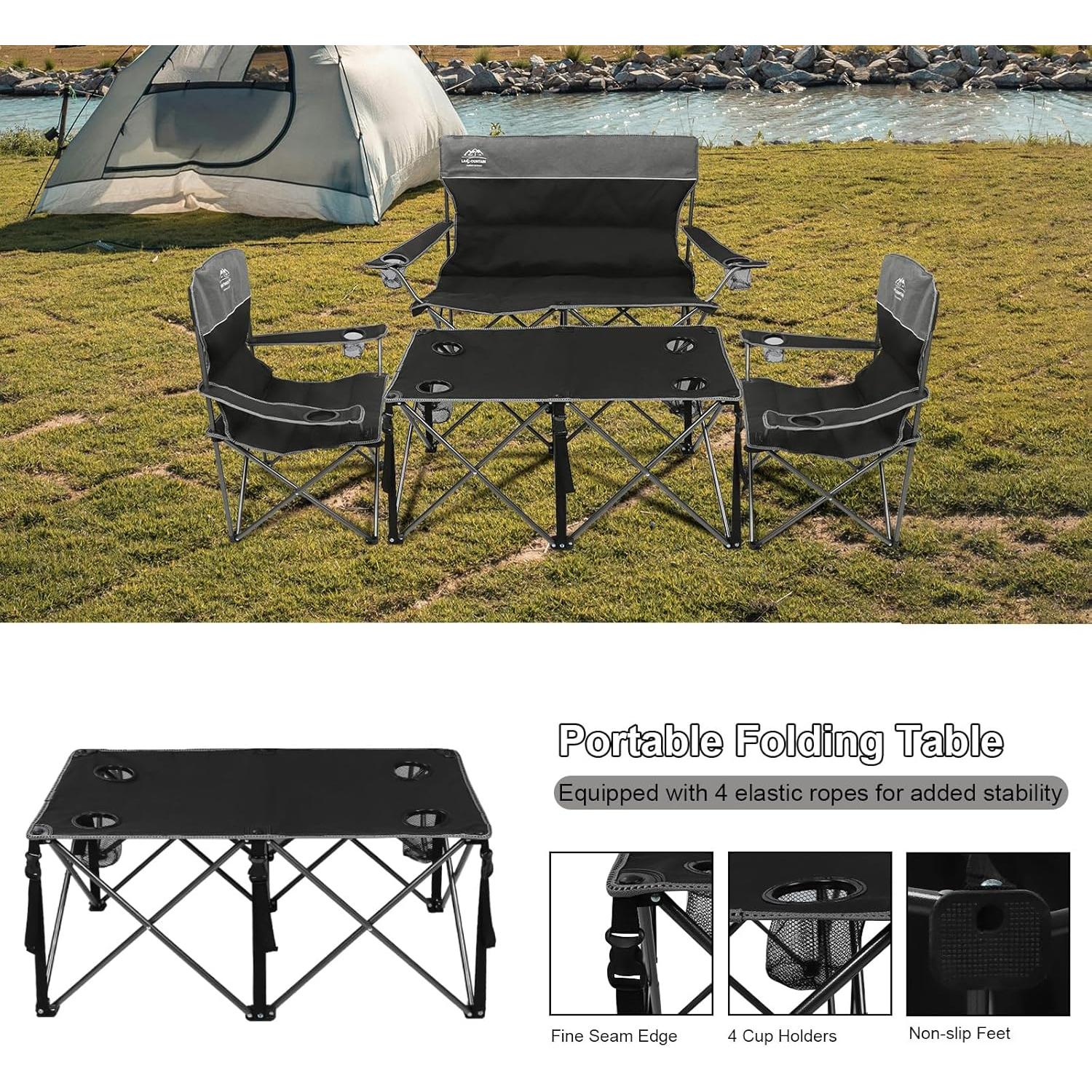 Oversized 4 Pcs Camping Chair Set with Table,Outdoor Folding Heavy Duty Lawn Chair,Cup Holder,Portable,Loveseat Chair Perfect for Family Hiking,Picnics and Beach Trips,Black