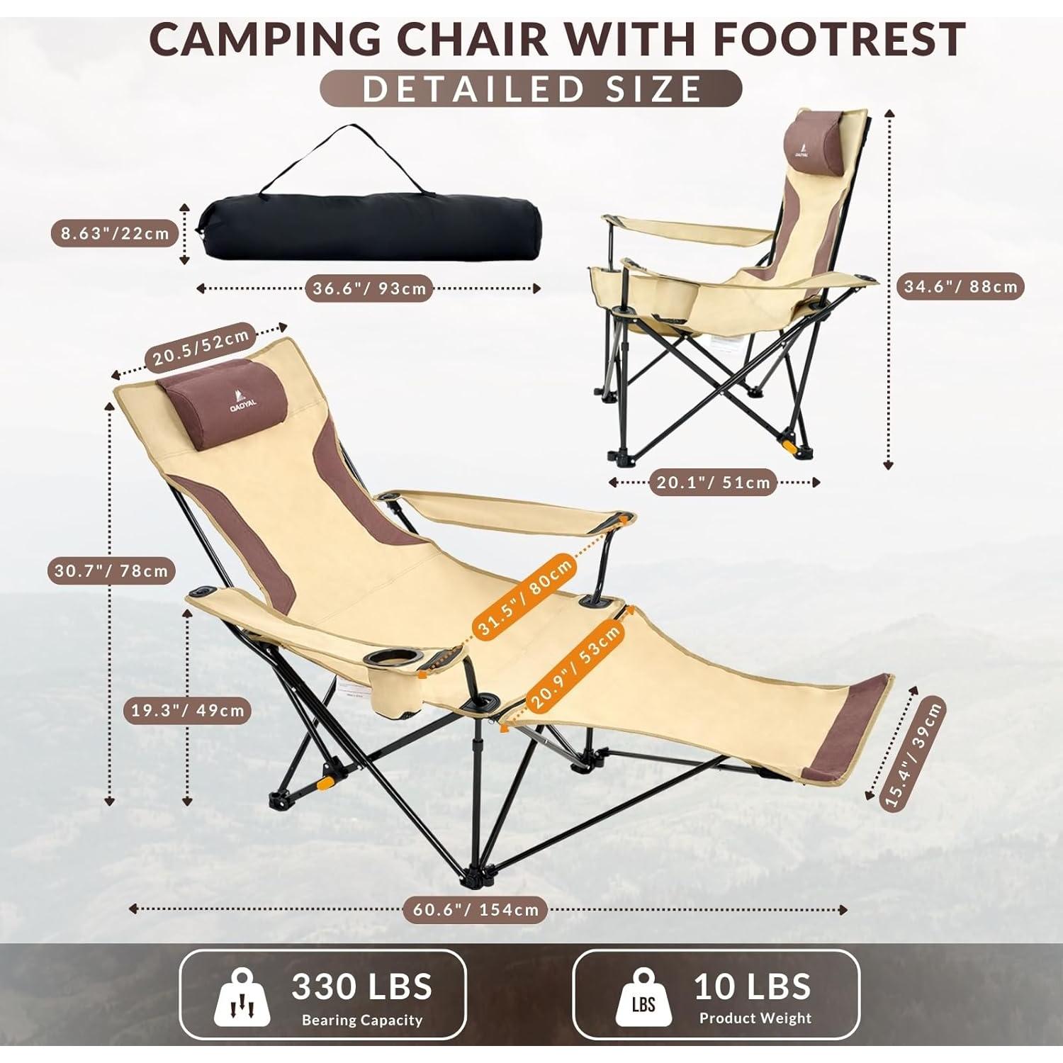 Silla de Camping Plegable QAOYAL Reclinable 4 Posiciones Caqui