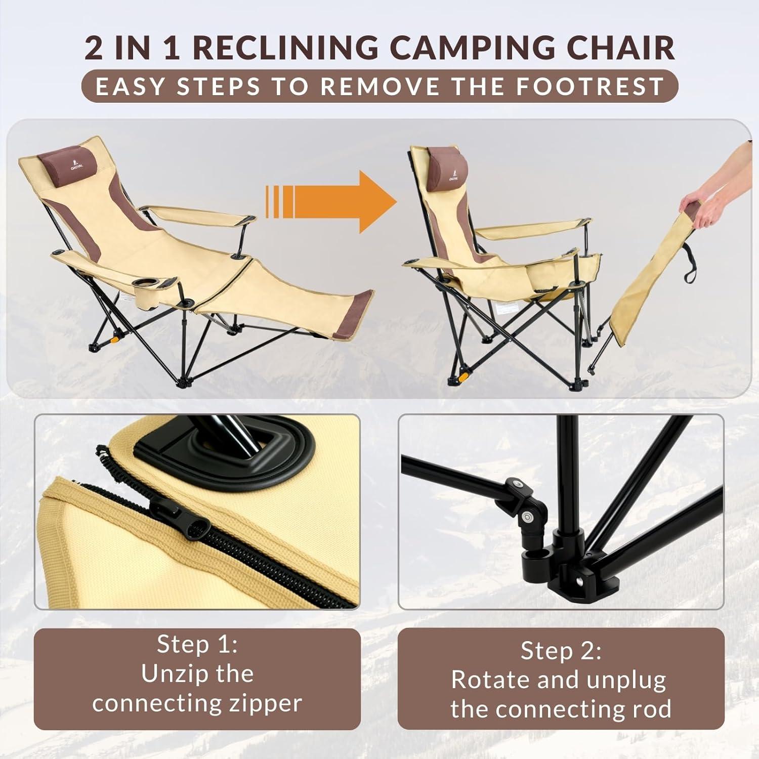 Silla de Camping Plegable QAOYAL Reclinable 4 Posiciones Caqui