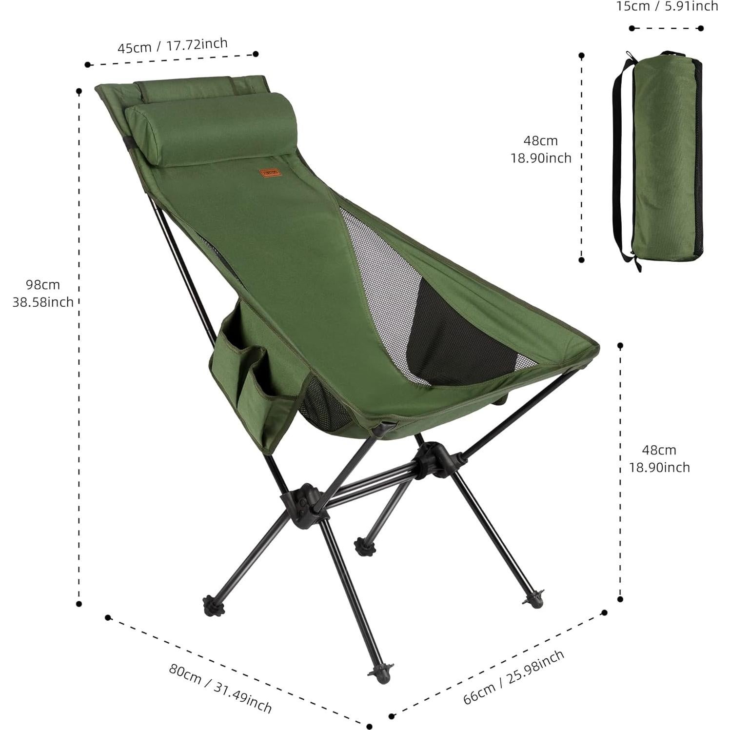 TOBTOS High Back Camping Chair, Lightweight Folding Chair with Head Support, Compact Chair with Carry Bag for Outdoor Camp, Hiking, Backpacking (Green)
