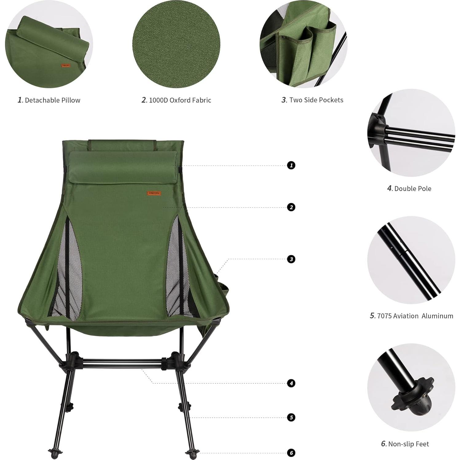 TOBTOS High Back Camping Chair, Lightweight Folding Chair with Head Support, Compact Chair with Carry Bag for Outdoor Camp, Hiking, Backpacking (Green)
