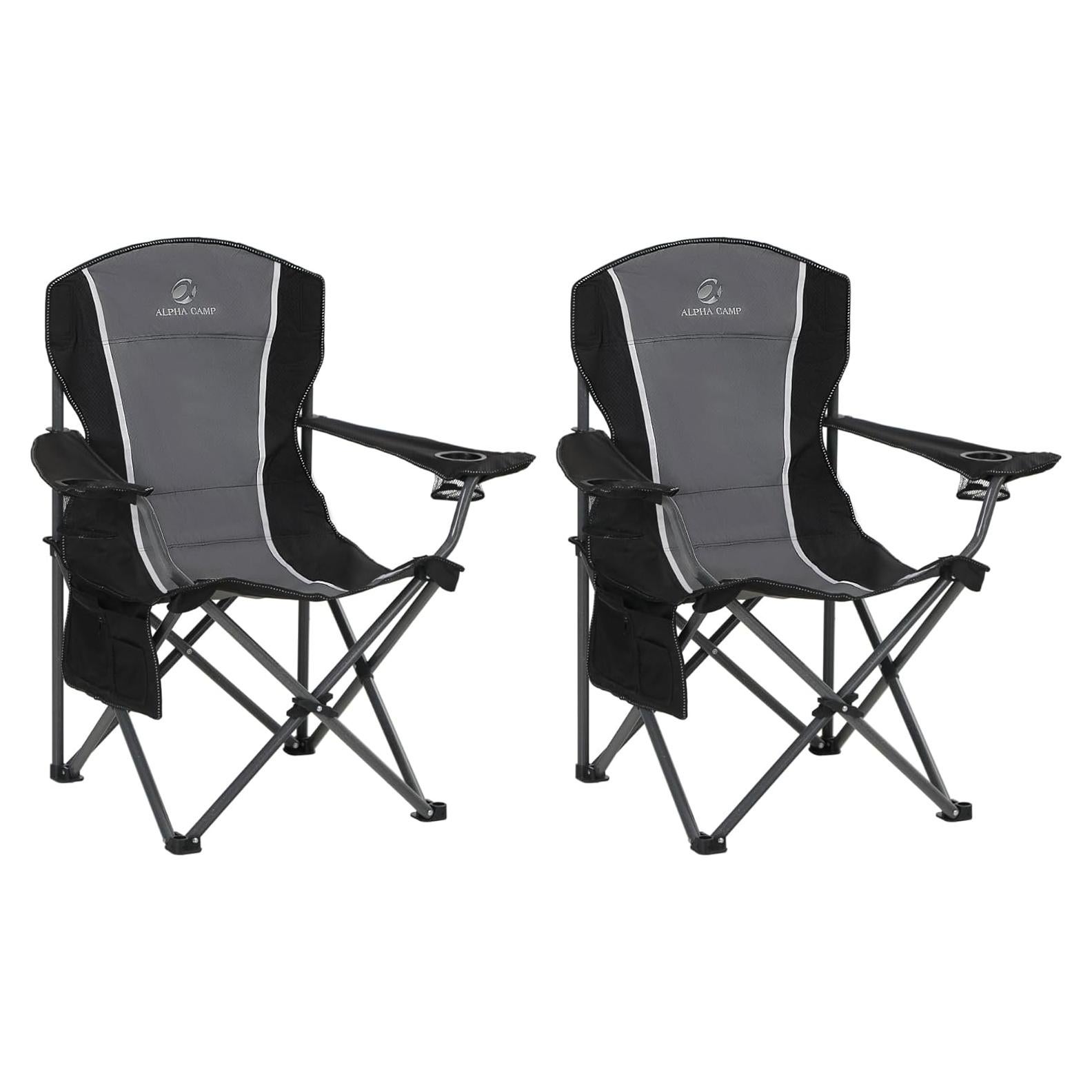 LET'S CAMP Oversized Outdoor Folding Camping Chair, 2 Pack Heavy Duty Arm Chairs with Cup Holder and Storage Bag, 350 LBS Weight Capacity, Grey