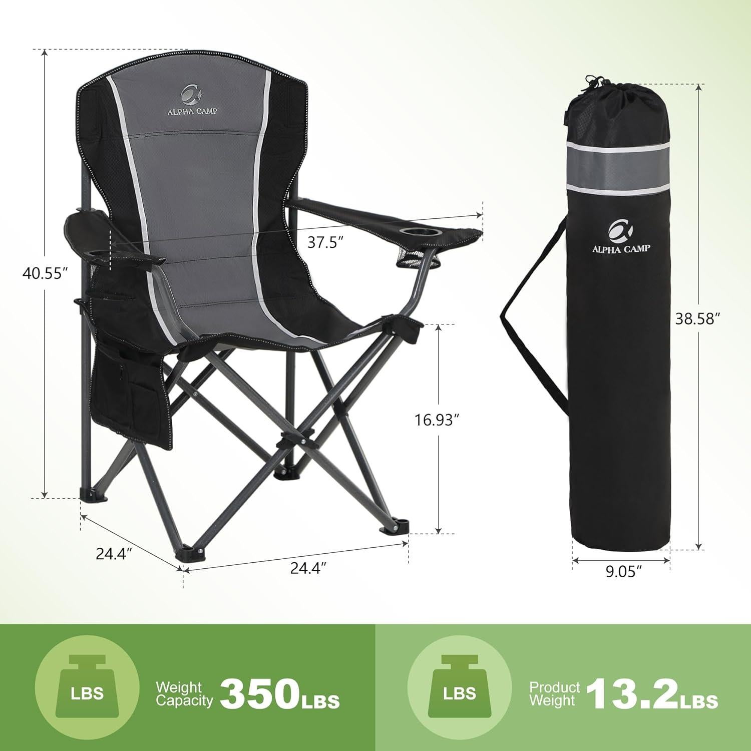 LET'S CAMP Oversized Outdoor Folding Camping Chair, 2 Pack Heavy Duty Arm Chairs with Cup Holder and Storage Bag, 350 LBS Weight Capacity, Grey
